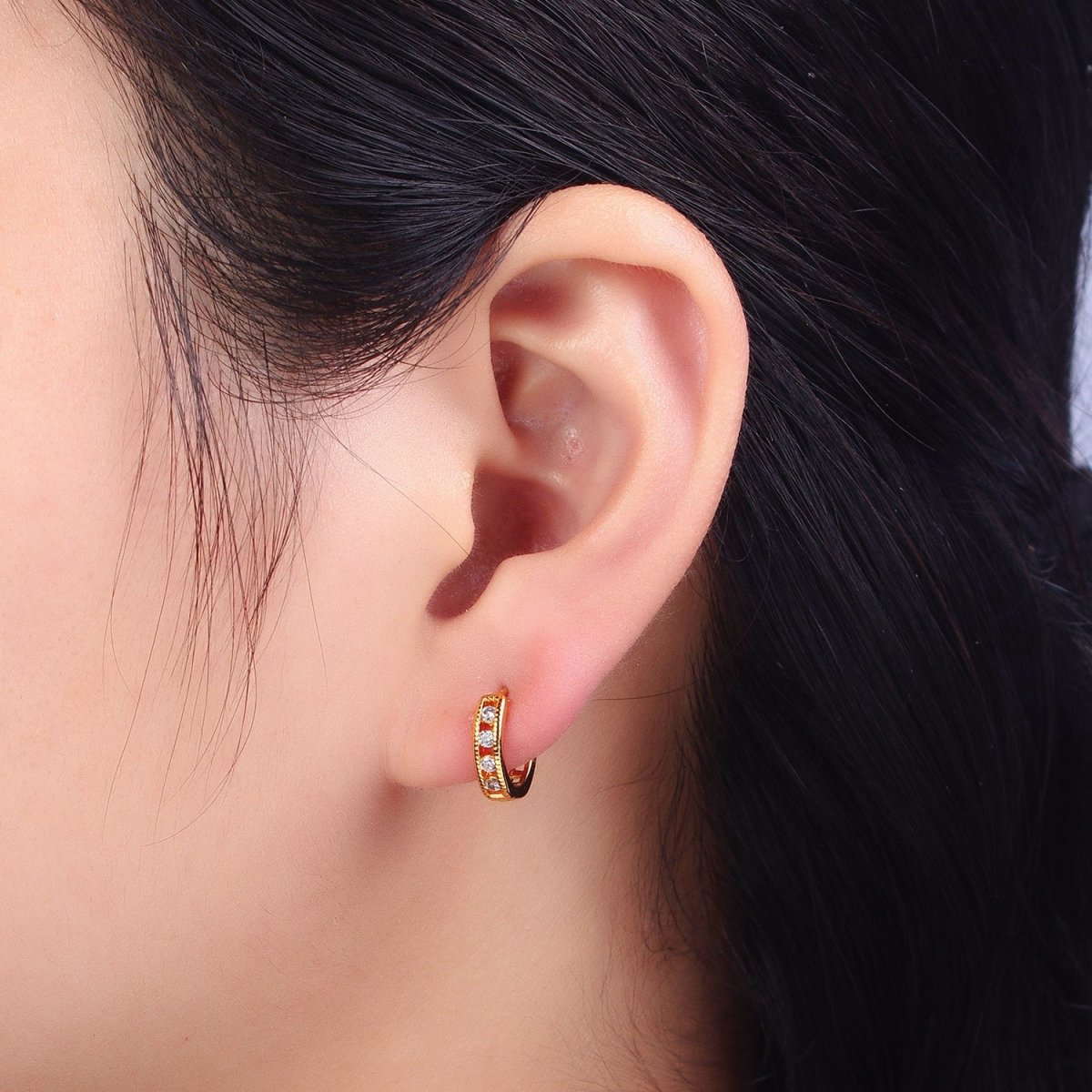 Round Clear CZ Gold, Silver Lined 12mm Huggie Hoop Earrings | AB117 AB118 - DLUXCA