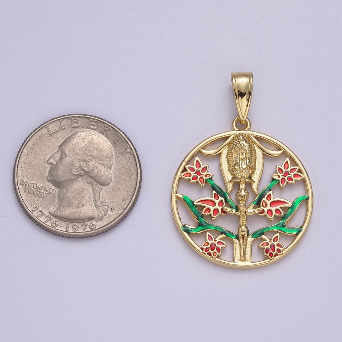Round Coin Gold Virgin Mary With Green Garden Pink Rose Flower for Necklace Pendant N-615 - DLUXCA