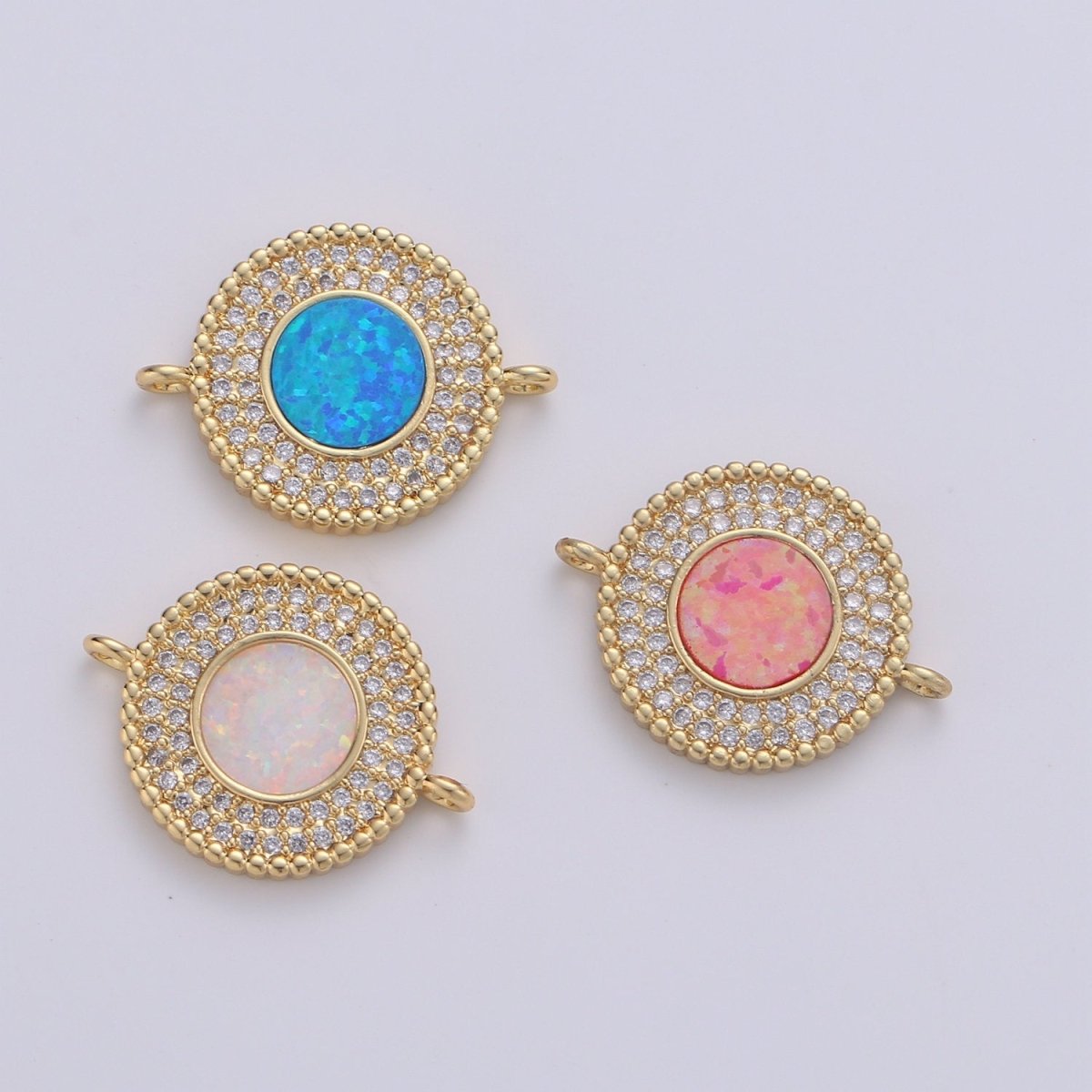 Round cubic with White Opal Charm, Circle Disc Charm Connector, Micro Pave Pink Opal pendant, Dainty Link Connector in 14k Gold Filled F-484 F-486 - DLUXCA