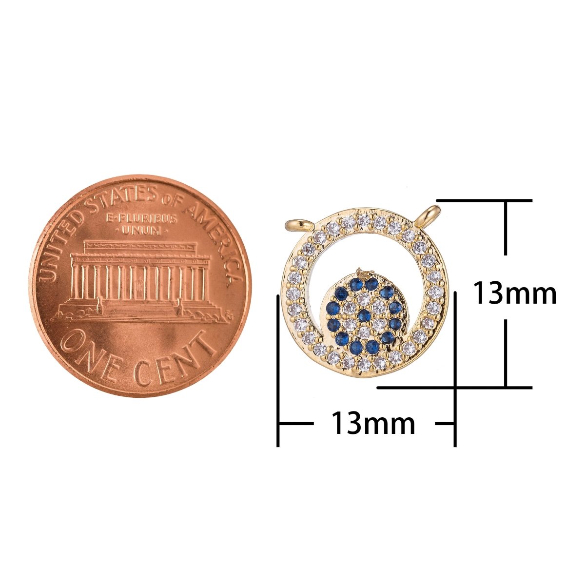 Round Gold Blue Crystal Bracelet Connector, Modern Micro Pave CZ Charm, Floating Circle Wheel Necklace Pendant for Jewelry Making F-741 - DLUXCA