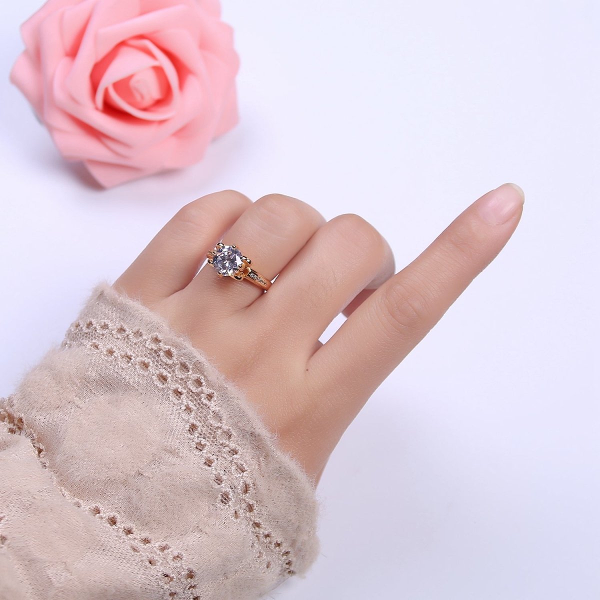 Round Moissanite Bridal Ring Cz Bridal Gold Ring Engagement Ring, Anniversary Ring Christmas Gift U-305 - DLUXCA