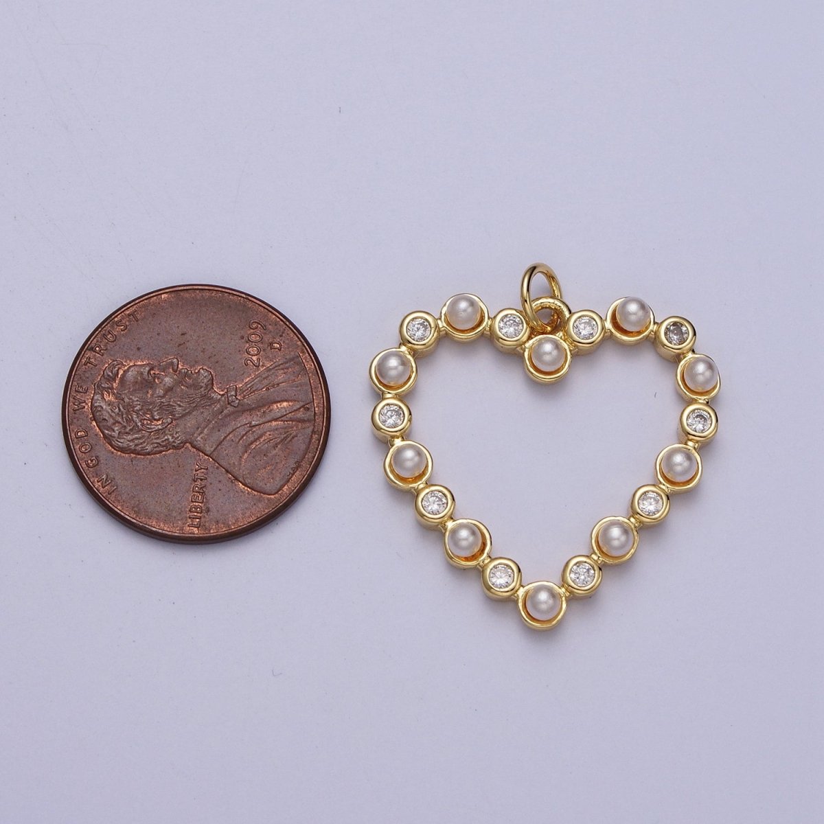 Round Pearl Clear CZ Lined Open Heart Charm E-446 - DLUXCA