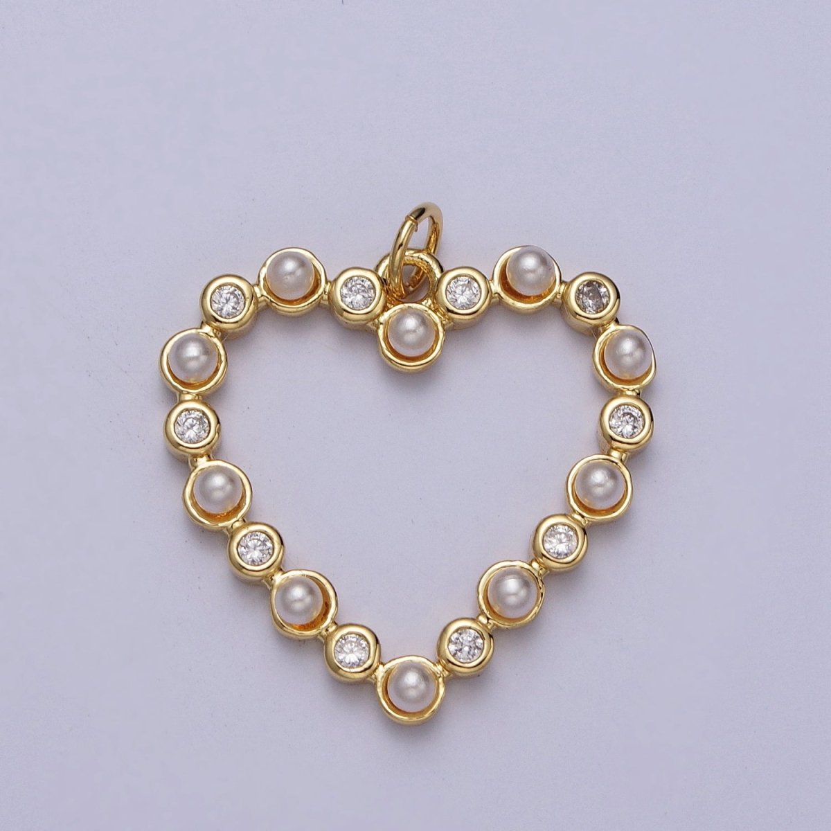 Round Pearl Clear CZ Lined Open Heart Charm E-446 - DLUXCA