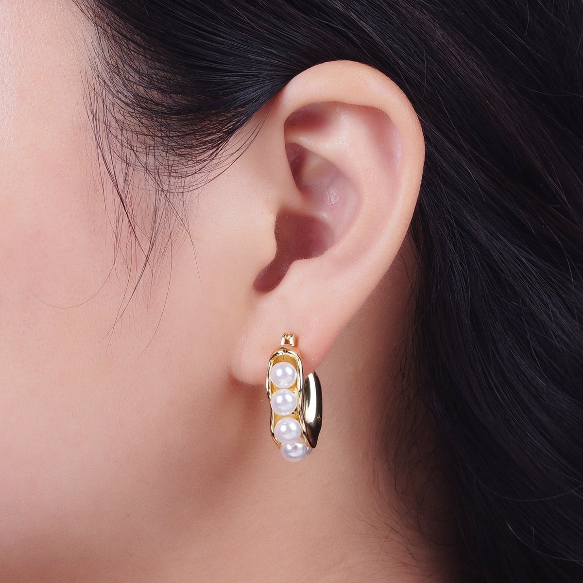 Round Pearl Lined 24.3mm Gold / Silver Latch Geometric Hoop Earrings | Y-114 Y-196 - DLUXCA