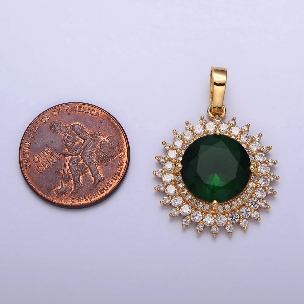 Round Sun Emerald Green CZ Clear Micro Paved Gold Pendant Celestial Jewelry | AA075 - DLUXCA
