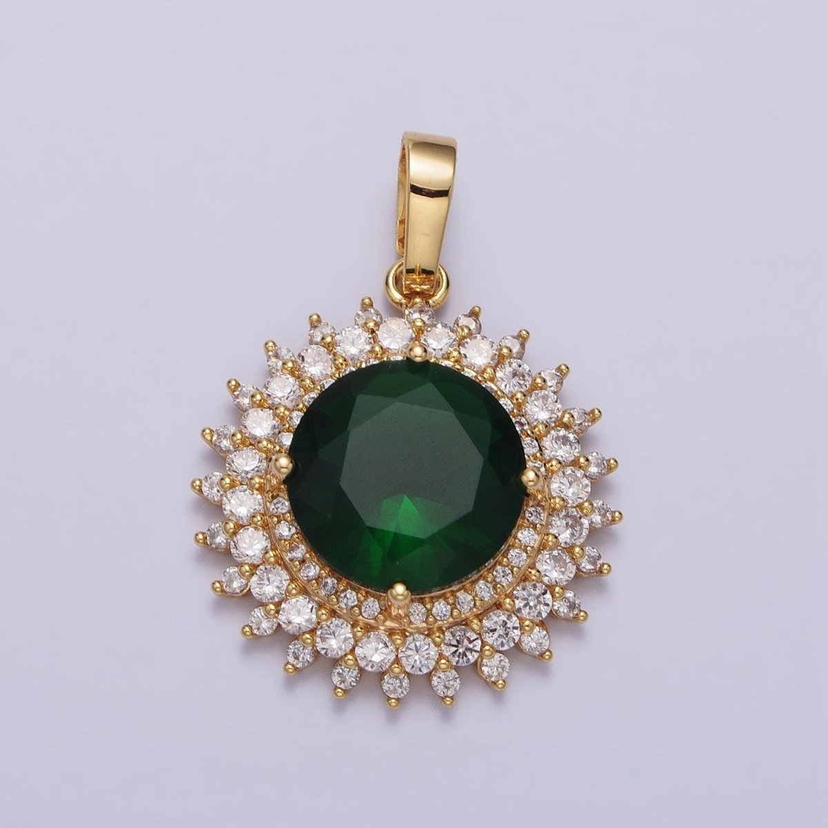 Round Sun Emerald Green CZ Clear Micro Paved Gold Pendant Celestial Jewelry | AA075 - DLUXCA