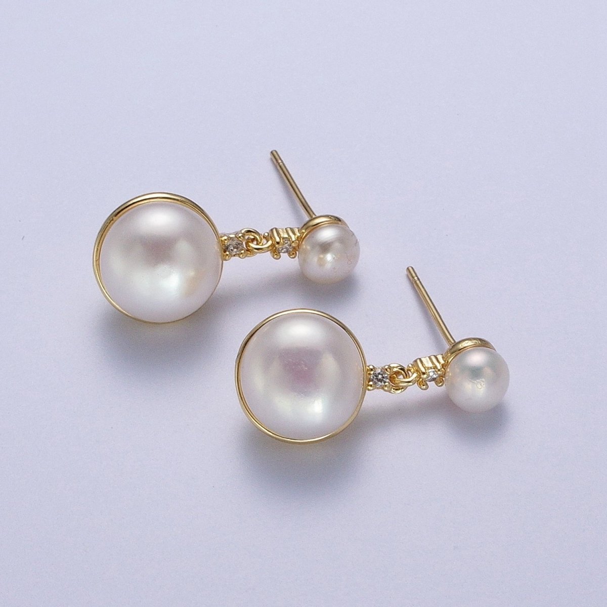 Round White / Purple Shell Pearl Dangle Drop Stud Cubic Zirconia Gold Earrings | Y-037 Y-038 - DLUXCA