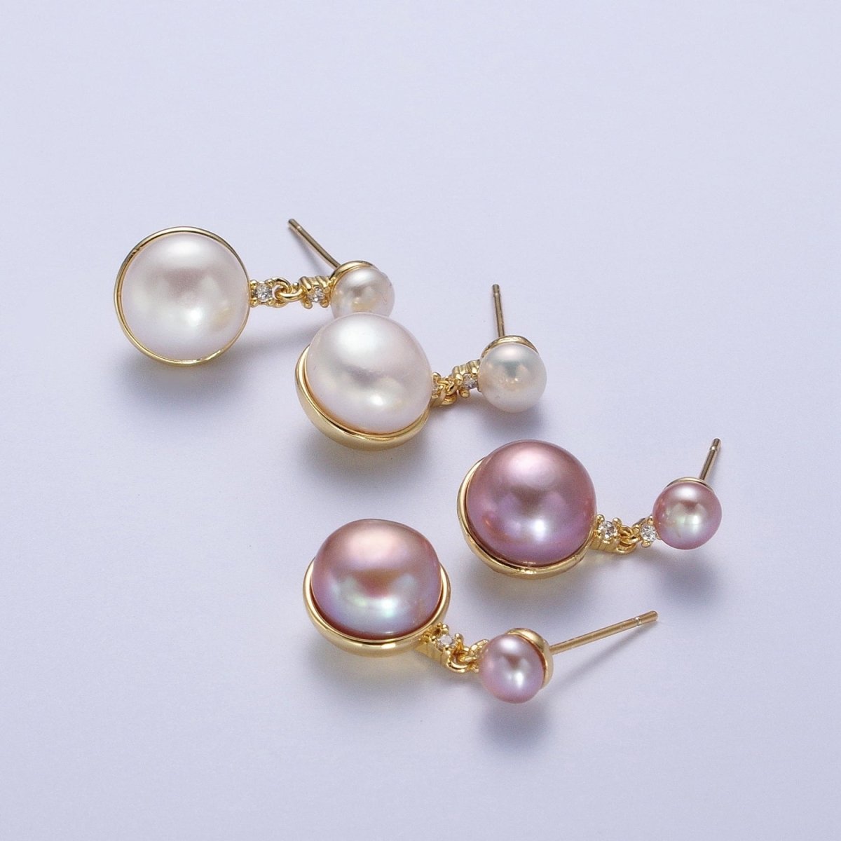 Round White / Purple Shell Pearl Dangle Drop Stud Cubic Zirconia Gold Earrings | Y-037 Y-038 - DLUXCA