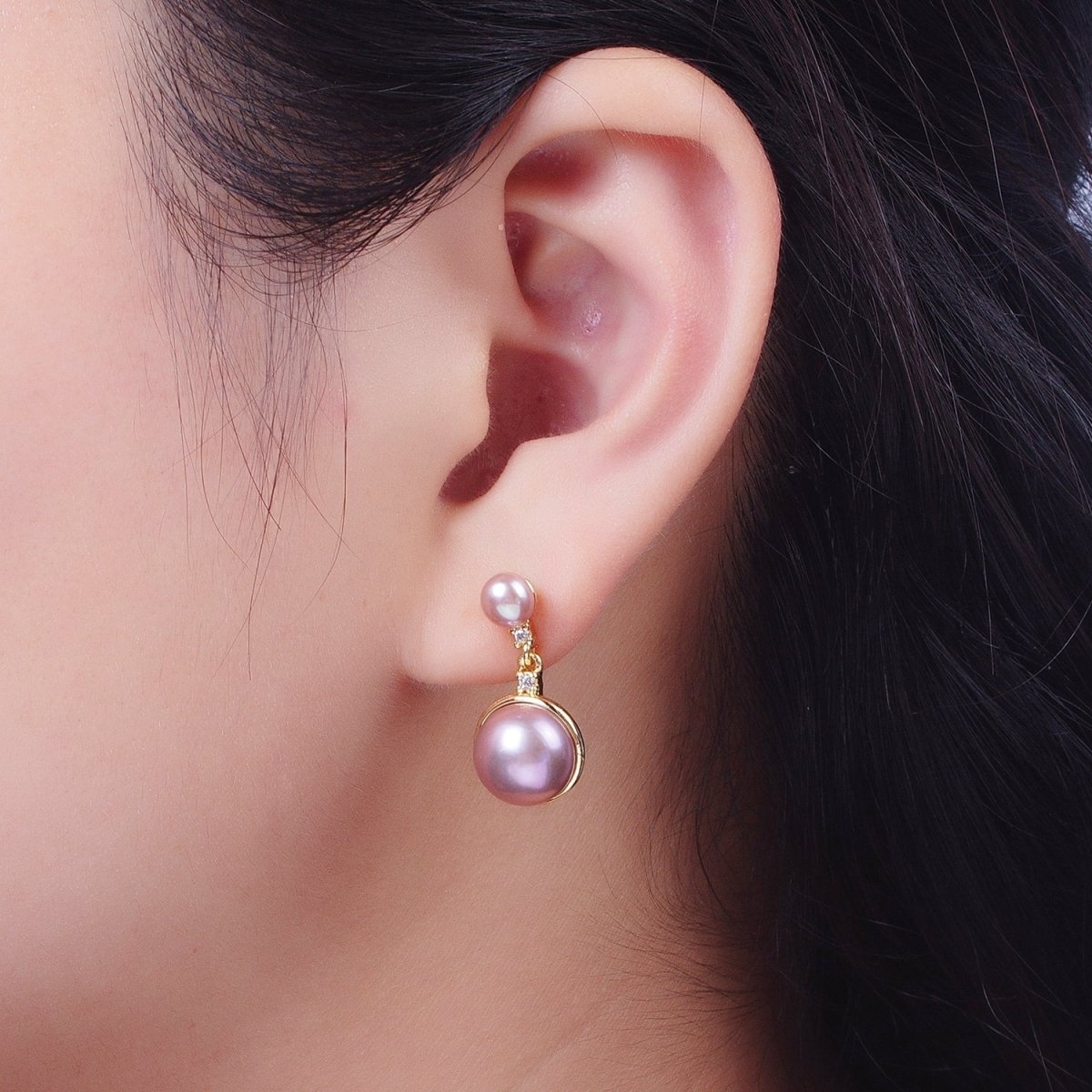Round White / Purple Shell Pearl Dangle Drop Stud Cubic Zirconia Gold Earrings | Y-037 Y-038 - DLUXCA