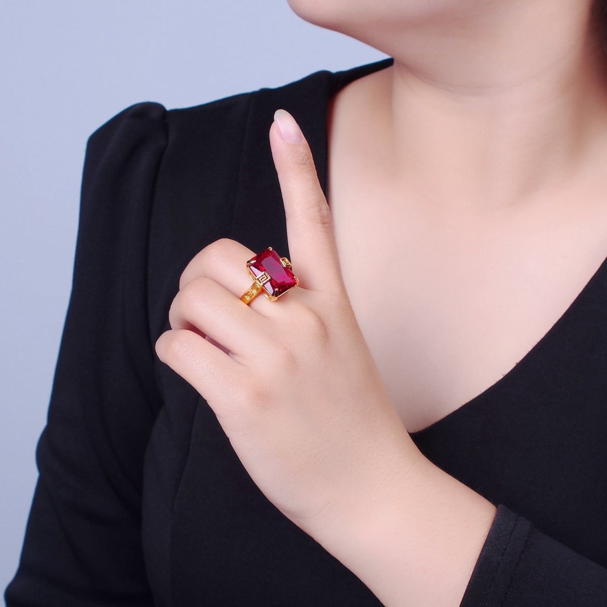 Ruby Red Baguette CZ Cubic Zirconia Statement Ring O-770 - DLUXCA