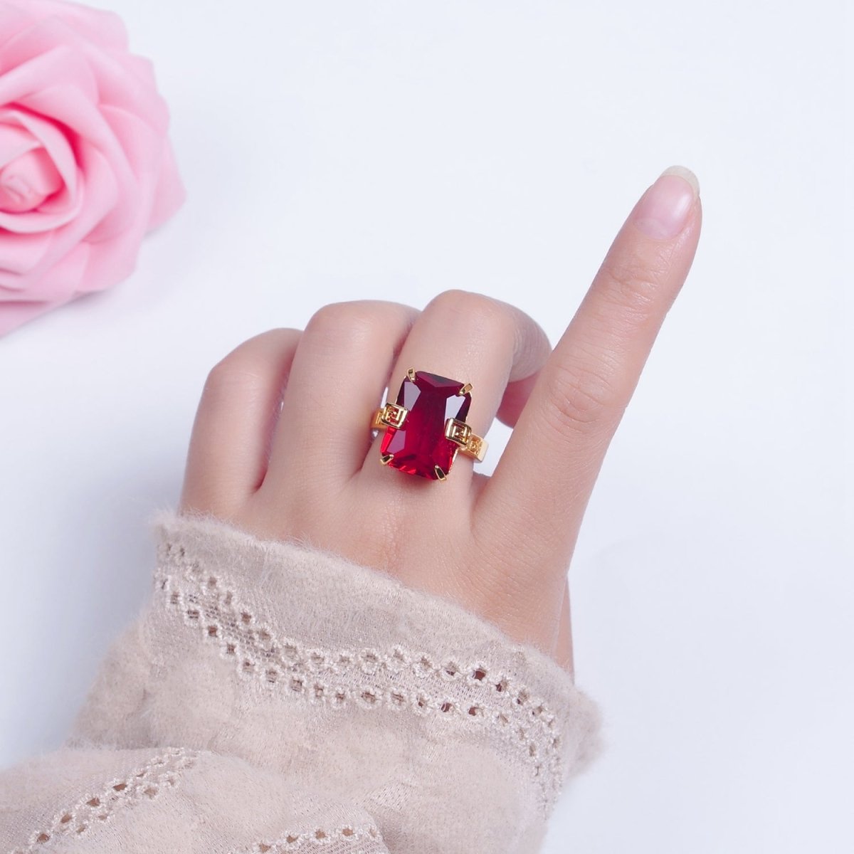 Ruby Red Baguette CZ Cubic Zirconia Statement Ring O-770 - DLUXCA