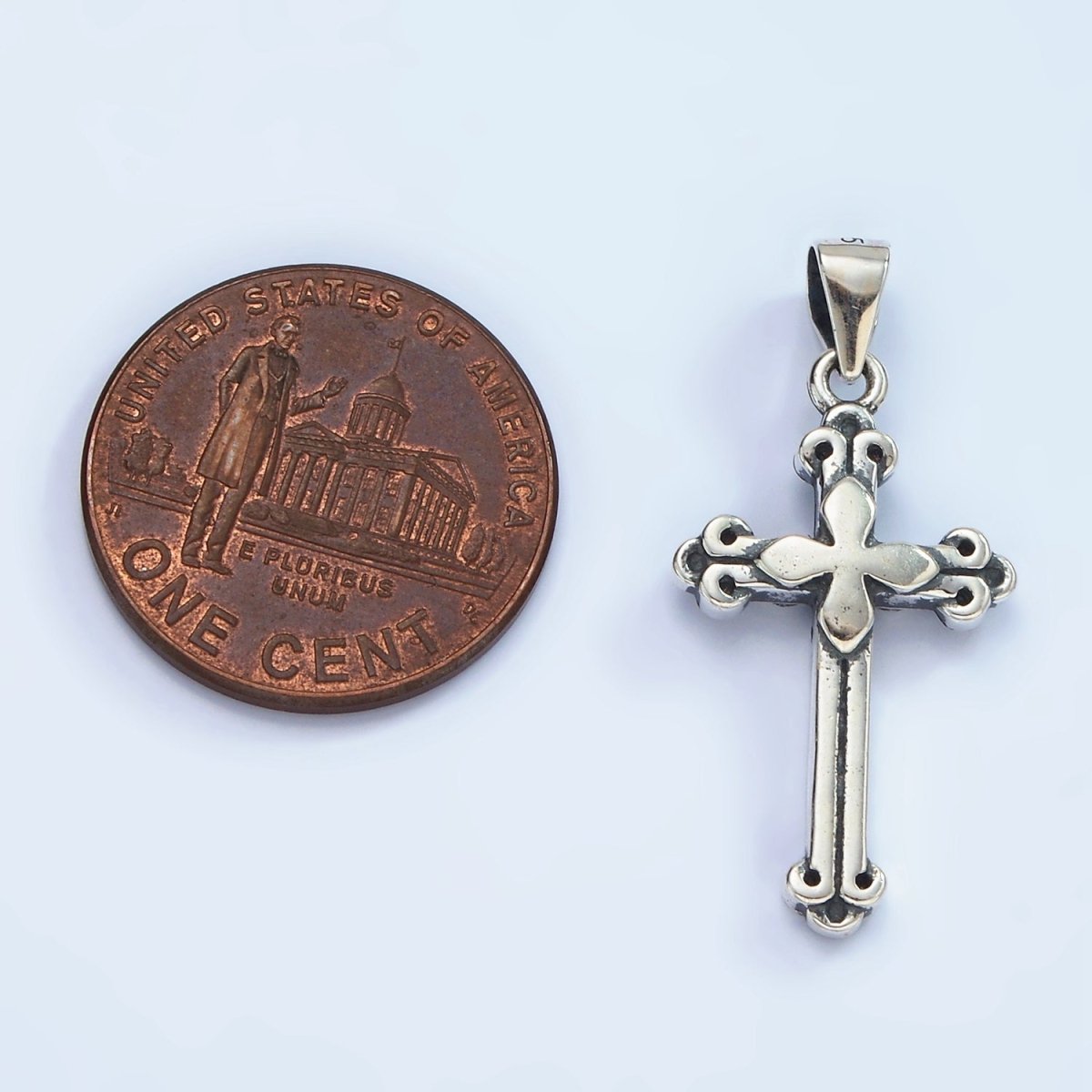 S925 Sterling Silver 30mm Fleur Passion Cross Oxidized Pendant | SL-460 - DLUXCA