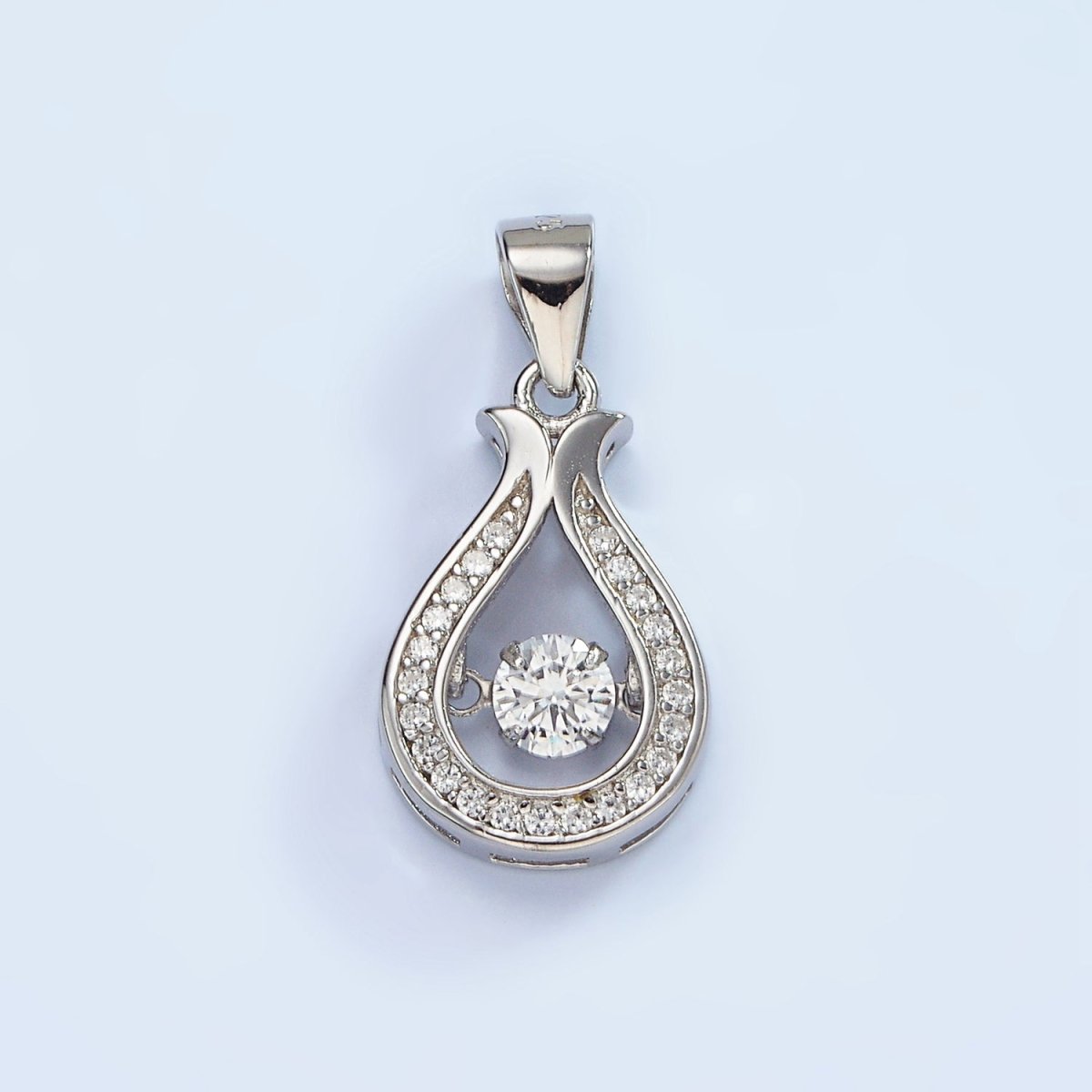 S925 Sterling Silver Clear CZ Open Micro Paved Teardrop Tulip Pendant | SL-448 - DLUXCA