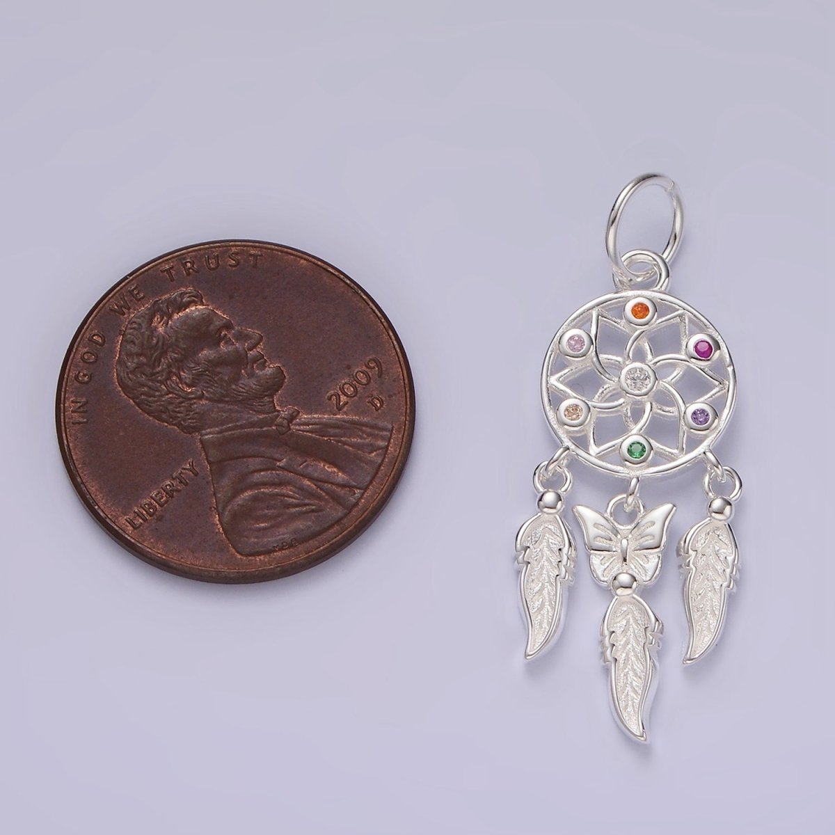 S925 Sterling Silver CZ Multicolor Flower Butterfly Feather Dreamcatcher Open Charm | SL-431 - DLUXCA
