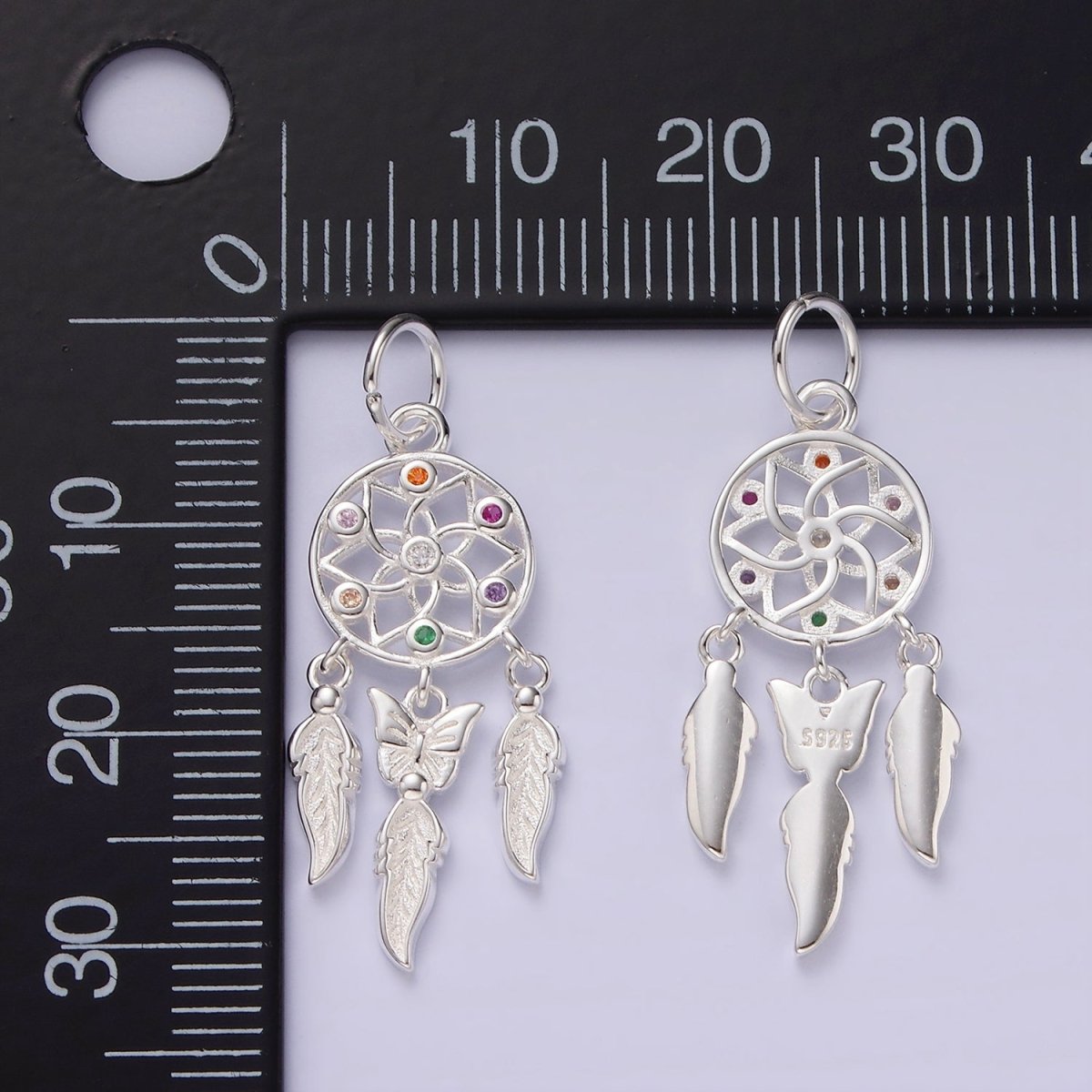 S925 Sterling Silver CZ Multicolor Flower Butterfly Feather Dreamcatcher Open Charm | SL-431 - DLUXCA