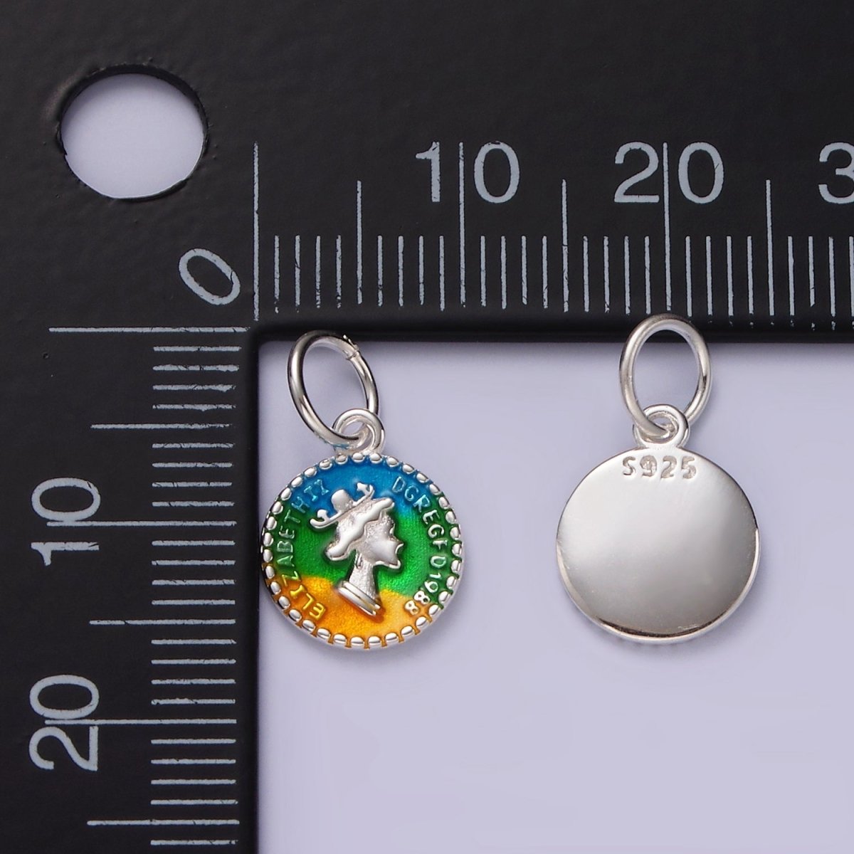 S925 Sterling Silver "Elizabeth II DG REG 01988" Script Multicolor Coin Charm | SL-432 - DLUXCA