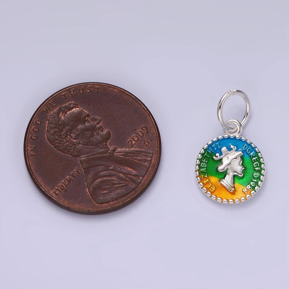 S925 Sterling Silver "Elizabeth II DG REG 01988" Script Multicolor Coin Charm | SL-432 - DLUXCA