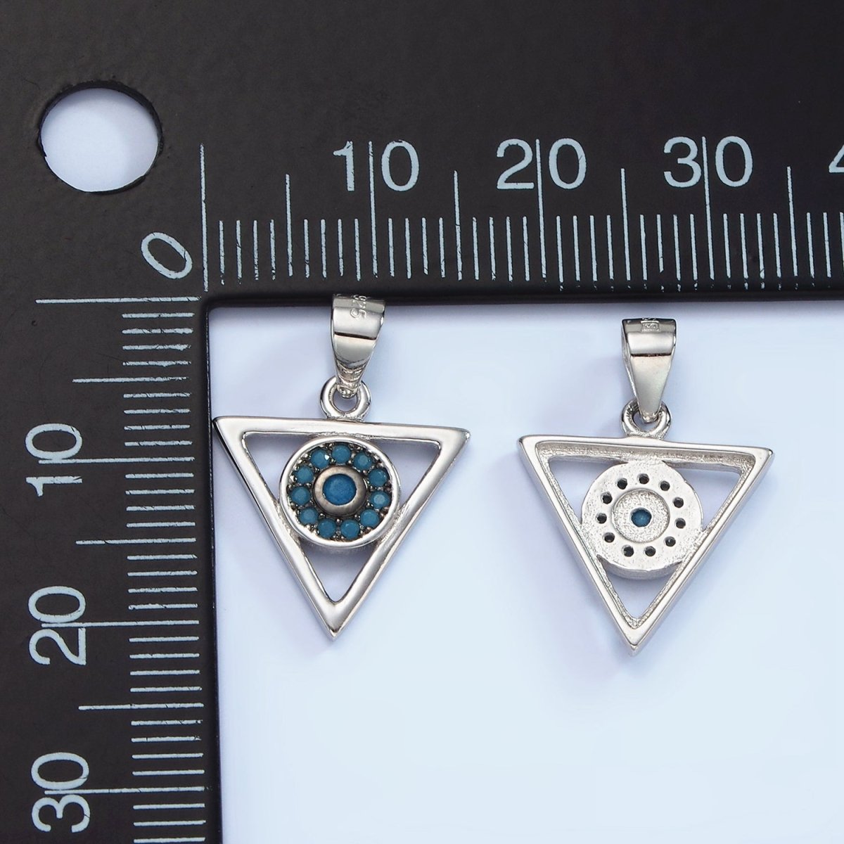 S925 Sterling Silver Evil Eye Turquoise Micro Paved Open Triangle Pendant | SL-464 - DLUXCA