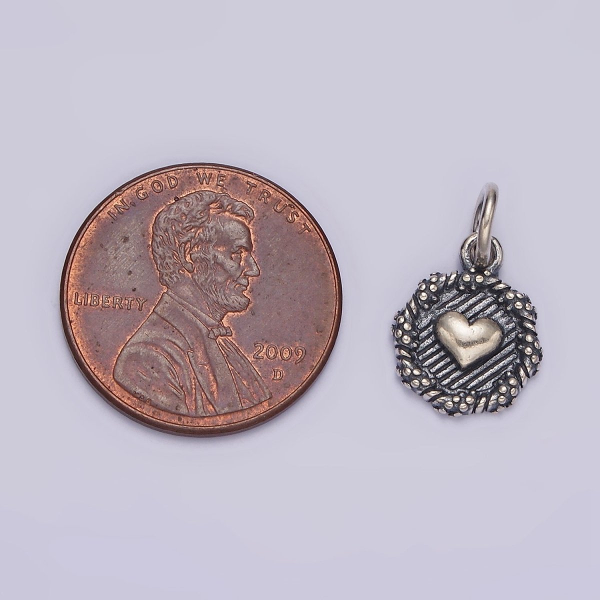 S925 Sterling Silver Heart Line-Textured Dot Braided Round Stamped Charm | SL-356 - DLUXCA