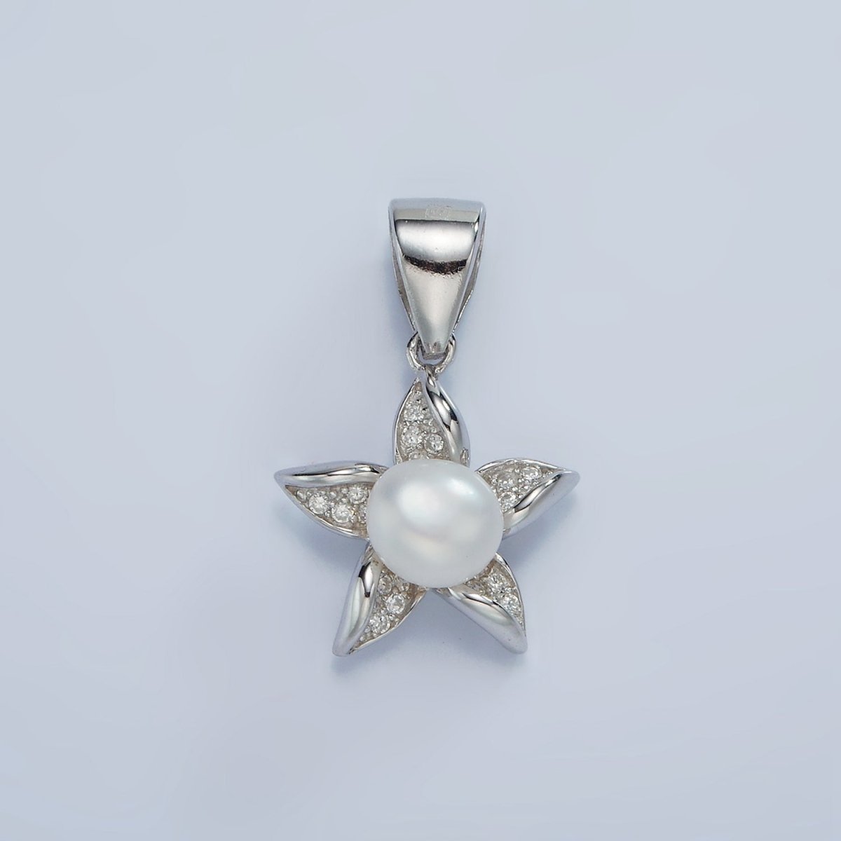 S925 Sterling Silver Pearl Micro Paved Celestial Star Flower Pendant | SL-442 - DLUXCA