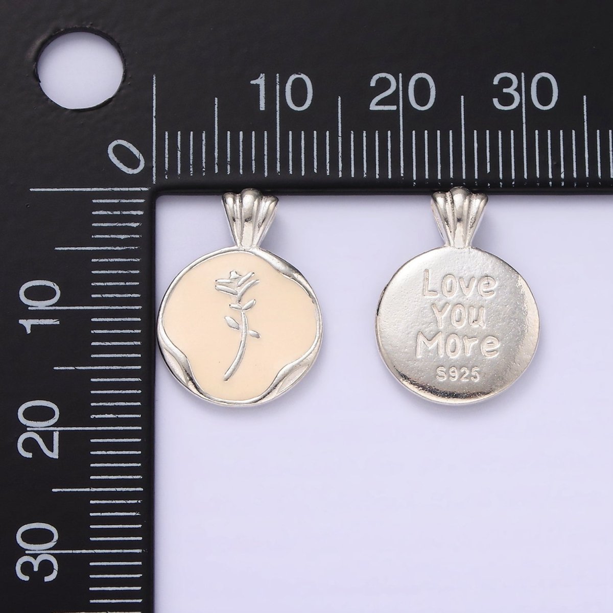 S925 Sterling Silver Rose Flower White Enamel "Love You More" Script Stamped Round Pendant | SL-419 - DLUXCA