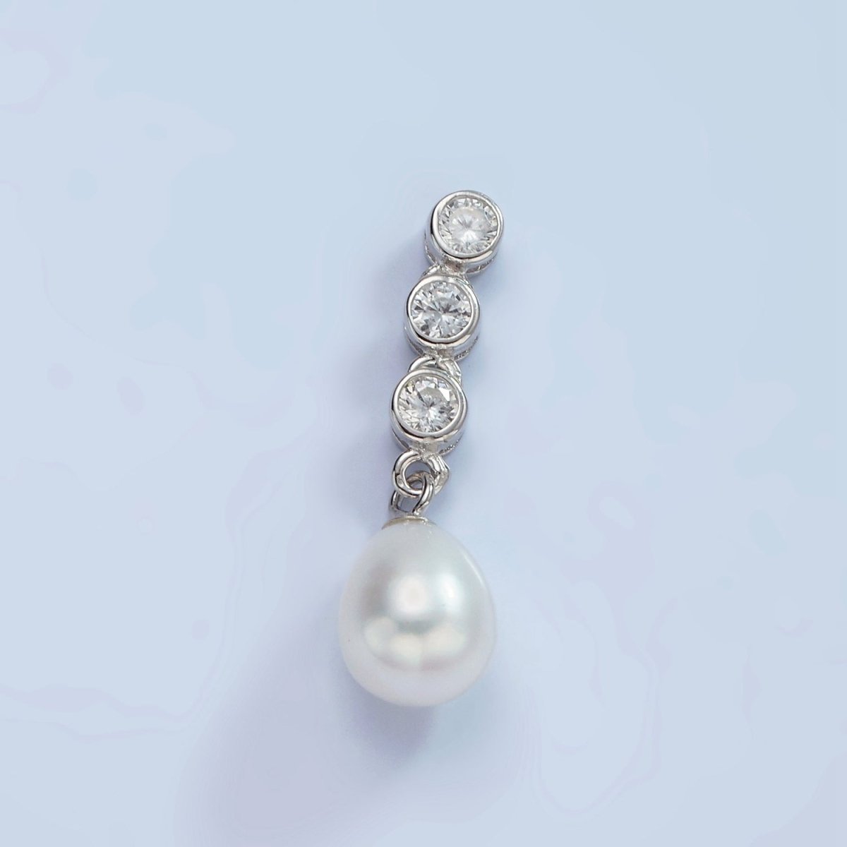 S925 Sterling Silver White Shell Pearl Drop Triple CZ Bezel Bail Pendant | SL-443 - DLUXCA