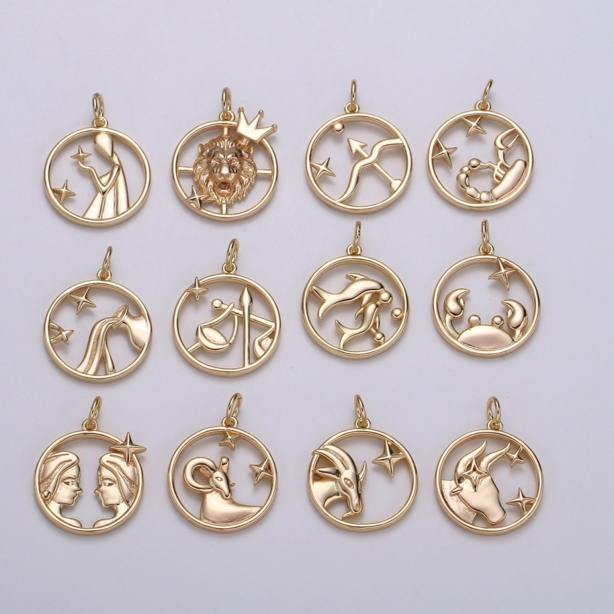 S925 Sterling Silver Zodiac Horoscope Gold Vermeil Open Round Charm | A-677-A-688 - DLUXCA