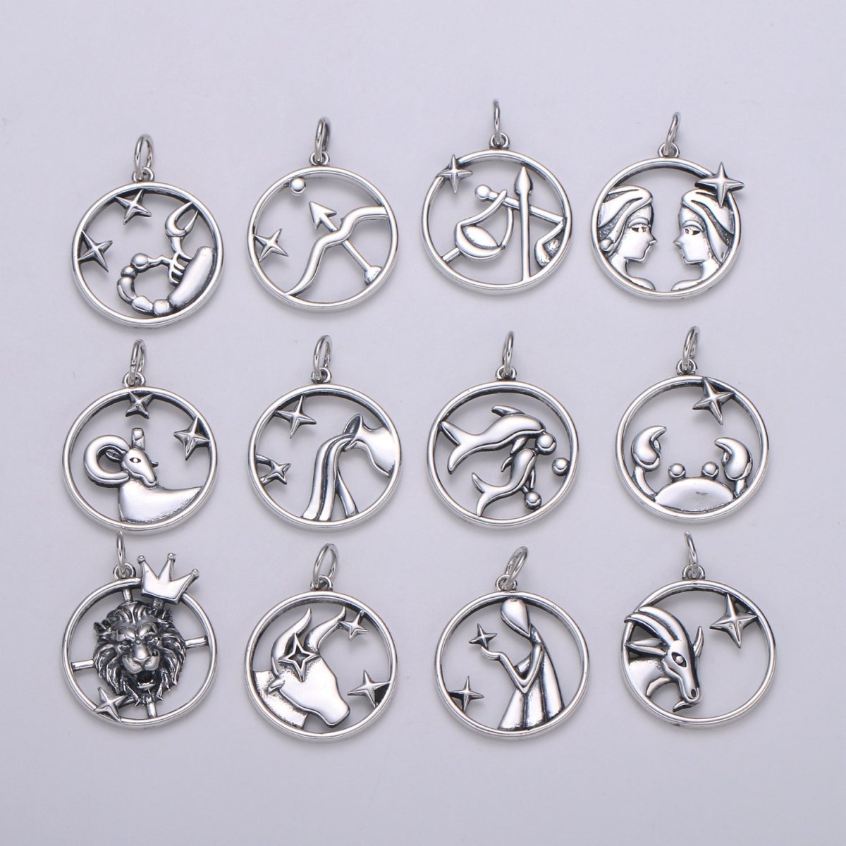 S925 Sterling Silver Zodiac Horoscope Silver Open Round Charm | A-690-A-702 - DLUXCA