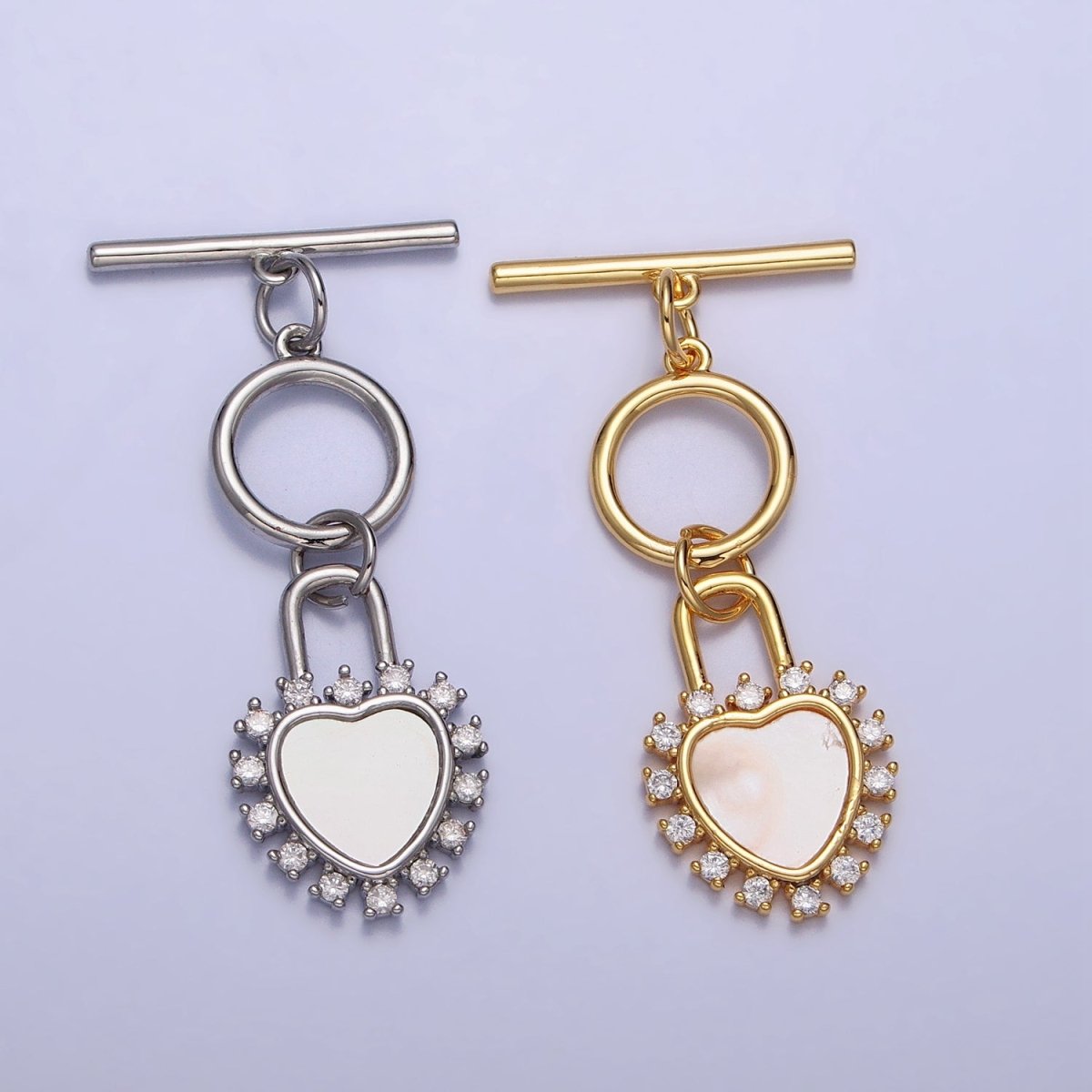 Shell Pearl Clear CZ Heart Padlock Dangle Toggle Clasps Jewelry Closure Supply in Silver & Gold | Z-066 Z-067 - DLUXCA