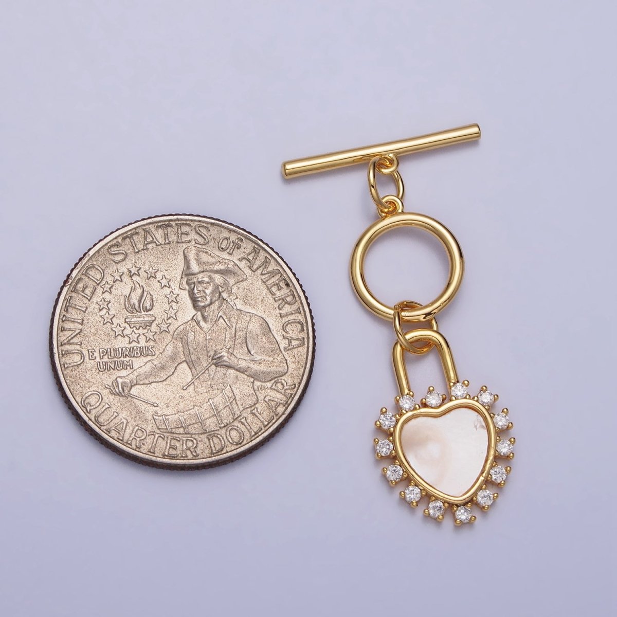 Shell Pearl Clear CZ Heart Padlock Dangle Toggle Clasps Jewelry Closure Supply in Silver & Gold | Z-066 Z-067 - DLUXCA