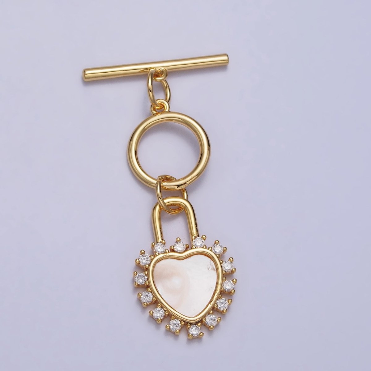 Shell Pearl Clear CZ Heart Padlock Dangle Toggle Clasps Jewelry Closure Supply in Silver & Gold | Z-066 Z-067 - DLUXCA