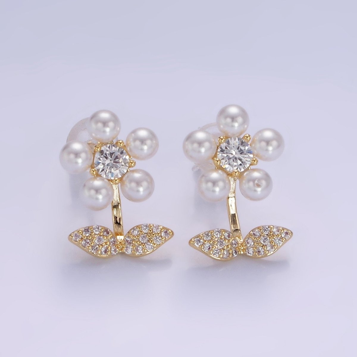 Shell Pearl Flower Micro Paved CZ Leaf Nature Stud Earrings in Gold & Silver | V504 V505 - DLUXCA
