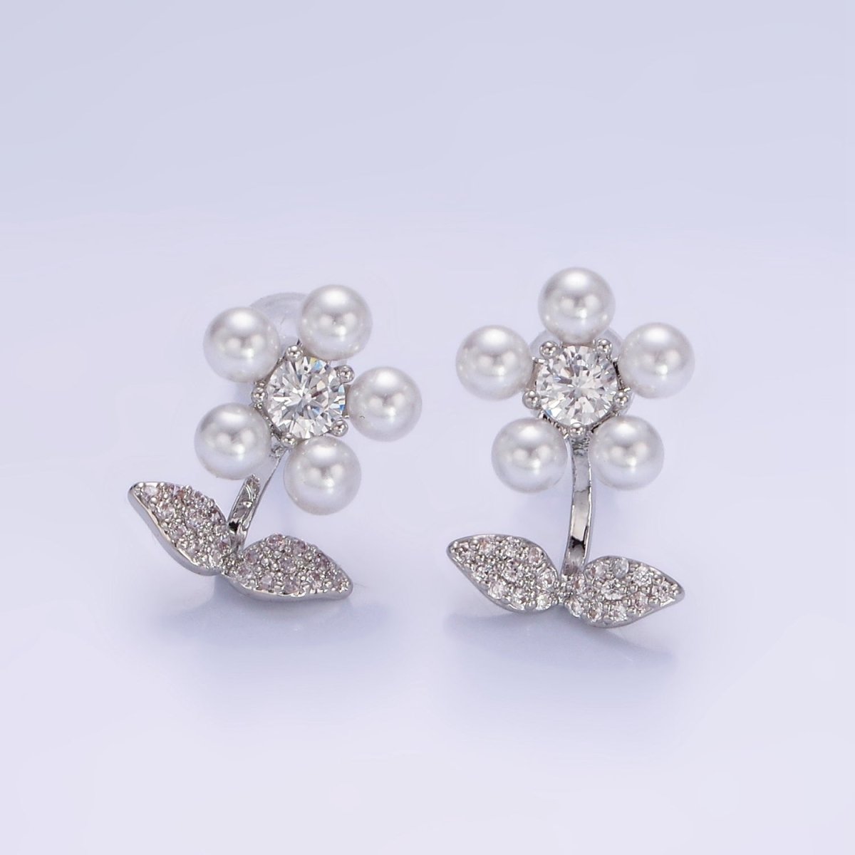 Shell Pearl Flower Micro Paved CZ Leaf Nature Stud Earrings in Gold & Silver | V504 V505 - DLUXCA