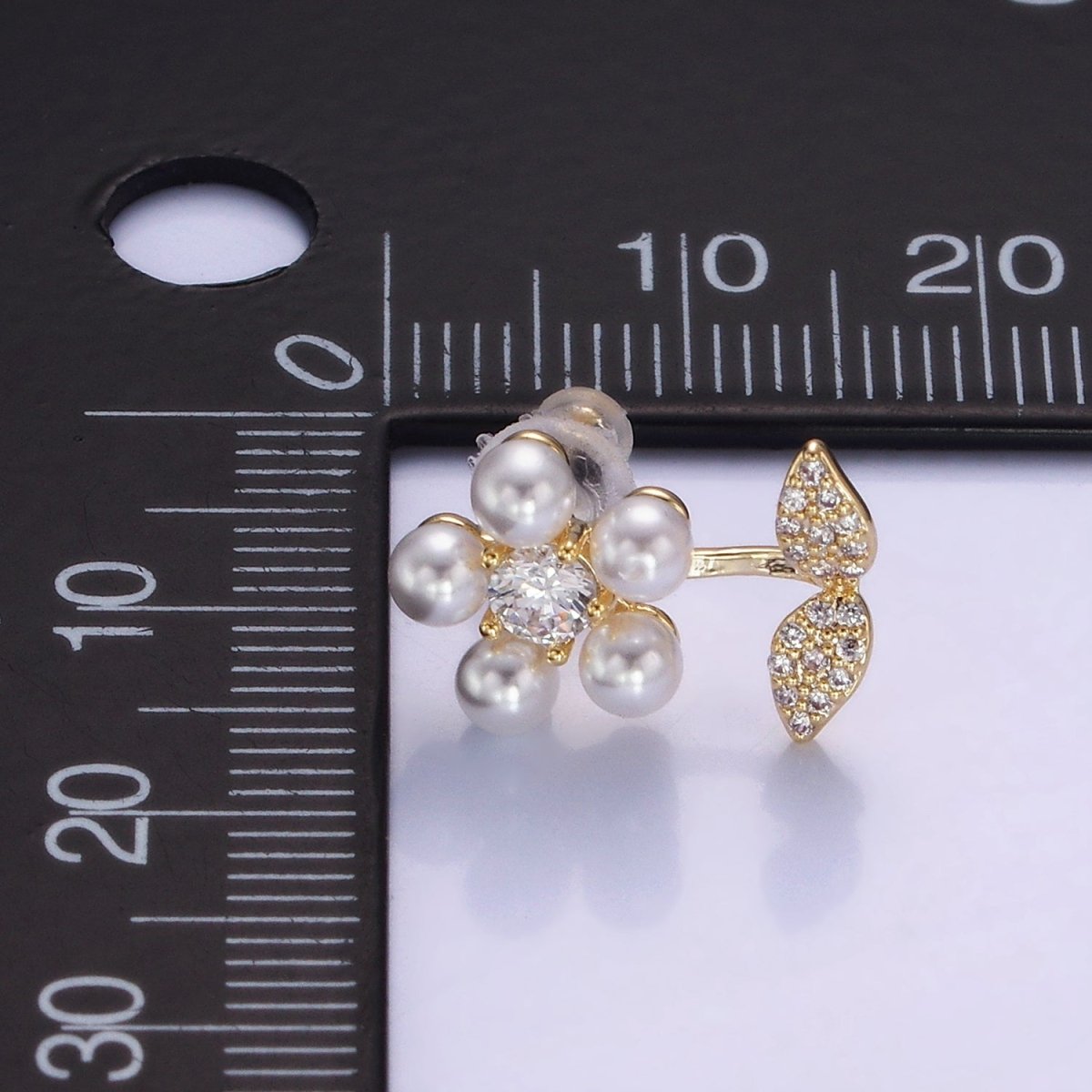 Shell Pearl Flower Micro Paved CZ Leaf Nature Stud Earrings in Gold & Silver | V504 V505 - DLUXCA