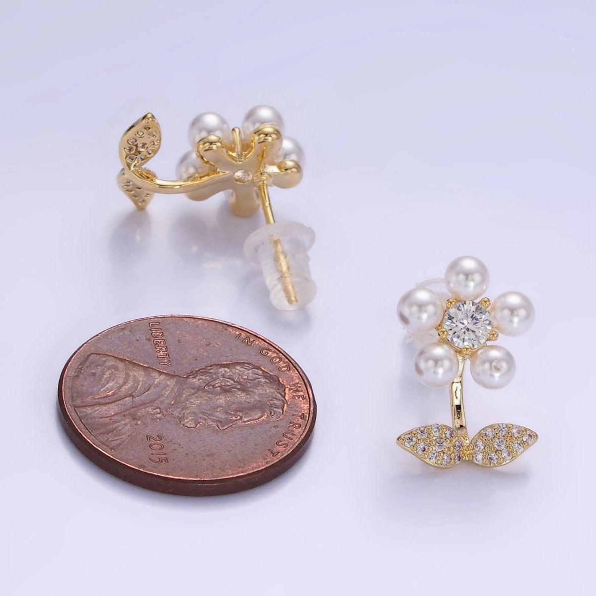 Shell Pearl Flower Micro Paved CZ Leaf Nature Stud Earrings in Gold & Silver | V504 V505 - DLUXCA