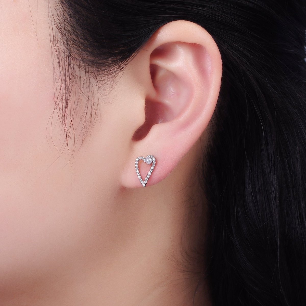 Shell Pearl Open Micro Paved CZ Heart Stud Earrings in Gold & Silver | V516 V517 - DLUXCA