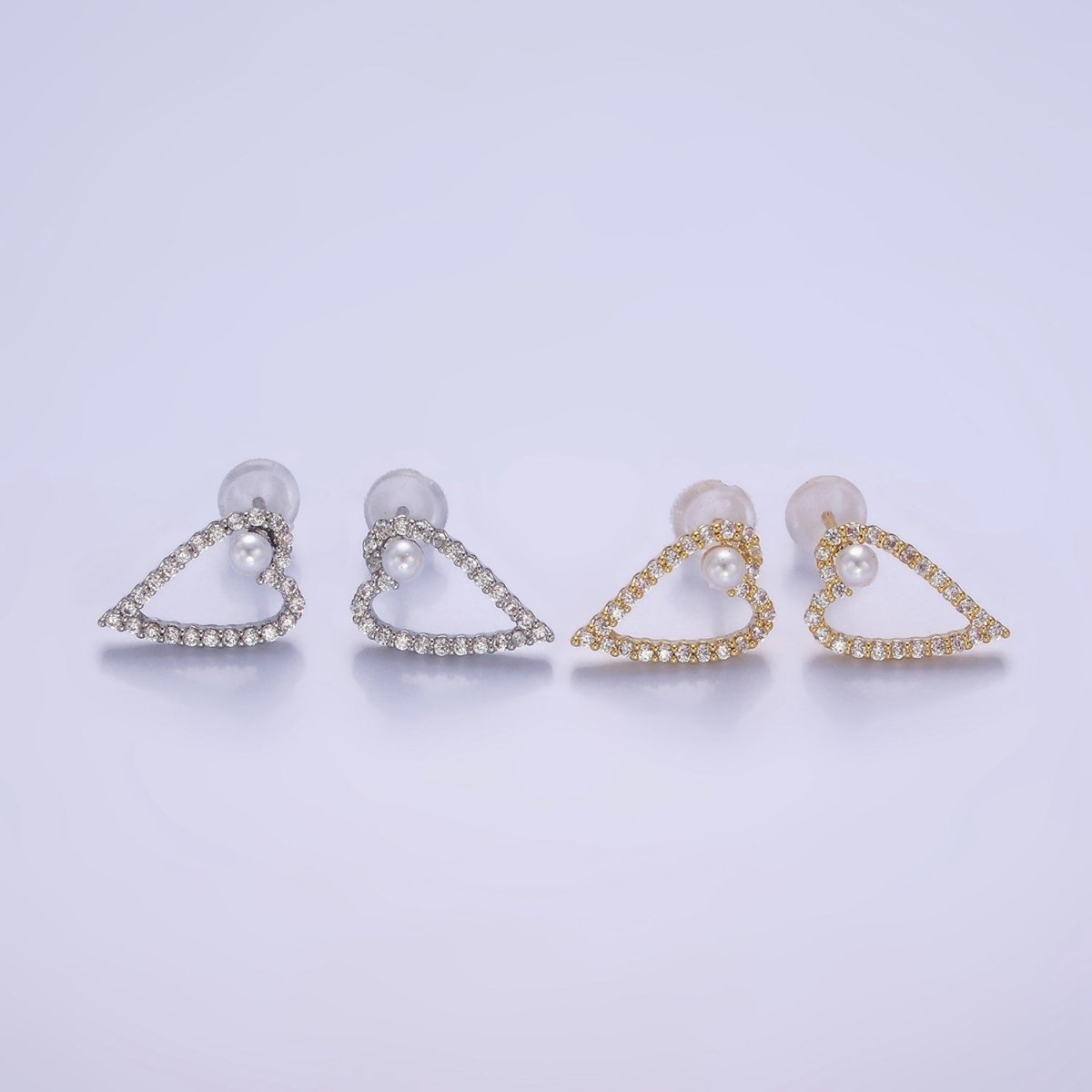 Shell Pearl Open Micro Paved CZ Heart Stud Earrings in Gold & Silver | V516 V517 - DLUXCA