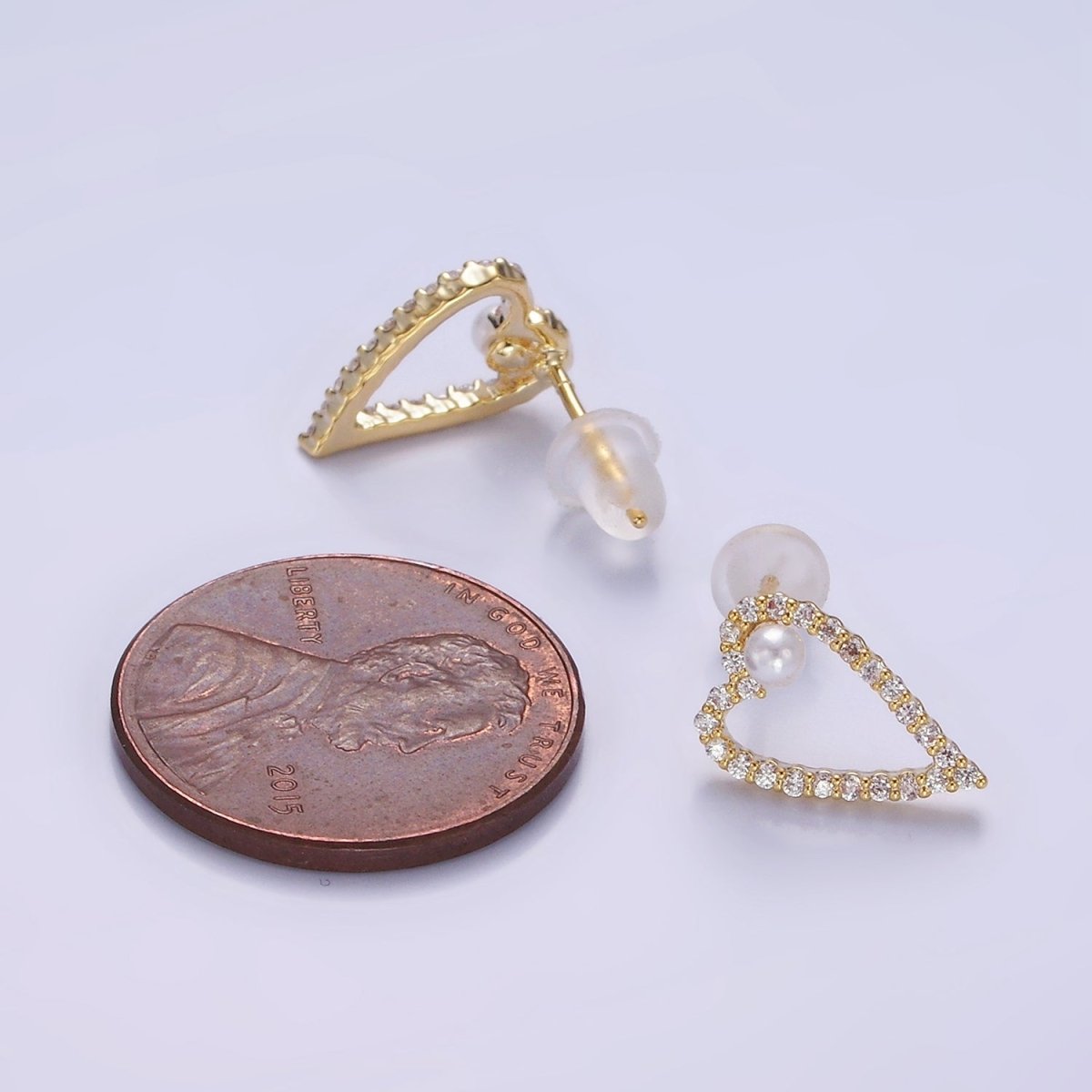 Shell Pearl Open Micro Paved CZ Heart Stud Earrings in Gold & Silver | V516 V517 - DLUXCA