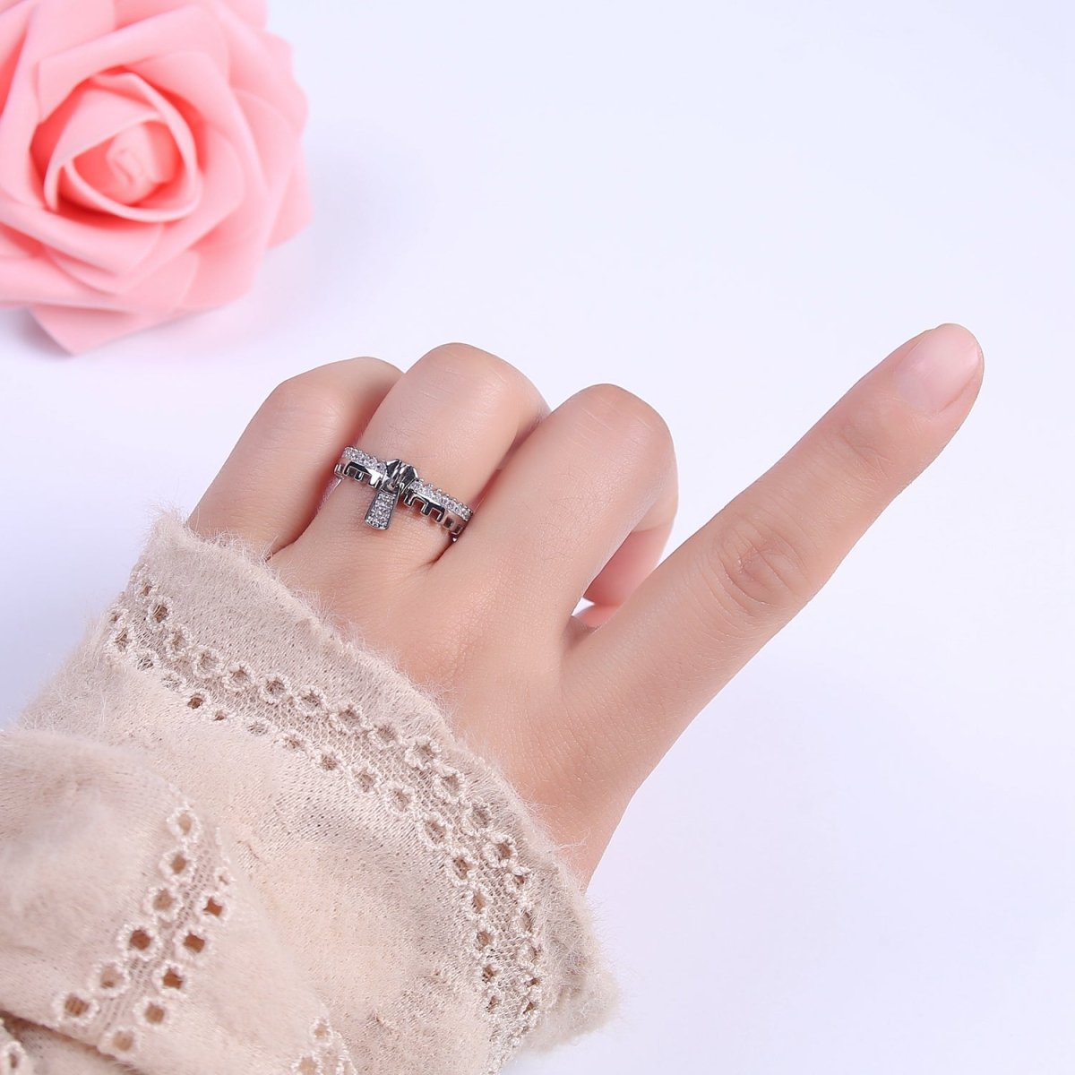 Silver / 24K Gold Filled Zipper Crystal Zirconia CZ Adjustable Ring Zip | U-409 U-410 - DLUXCA