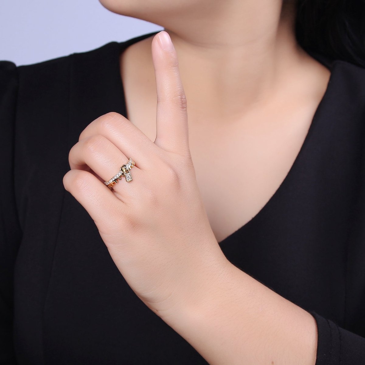 Silver / 24K Gold Filled Zipper Crystal Zirconia CZ Adjustable Ring Zip | U-409 U-410 - DLUXCA