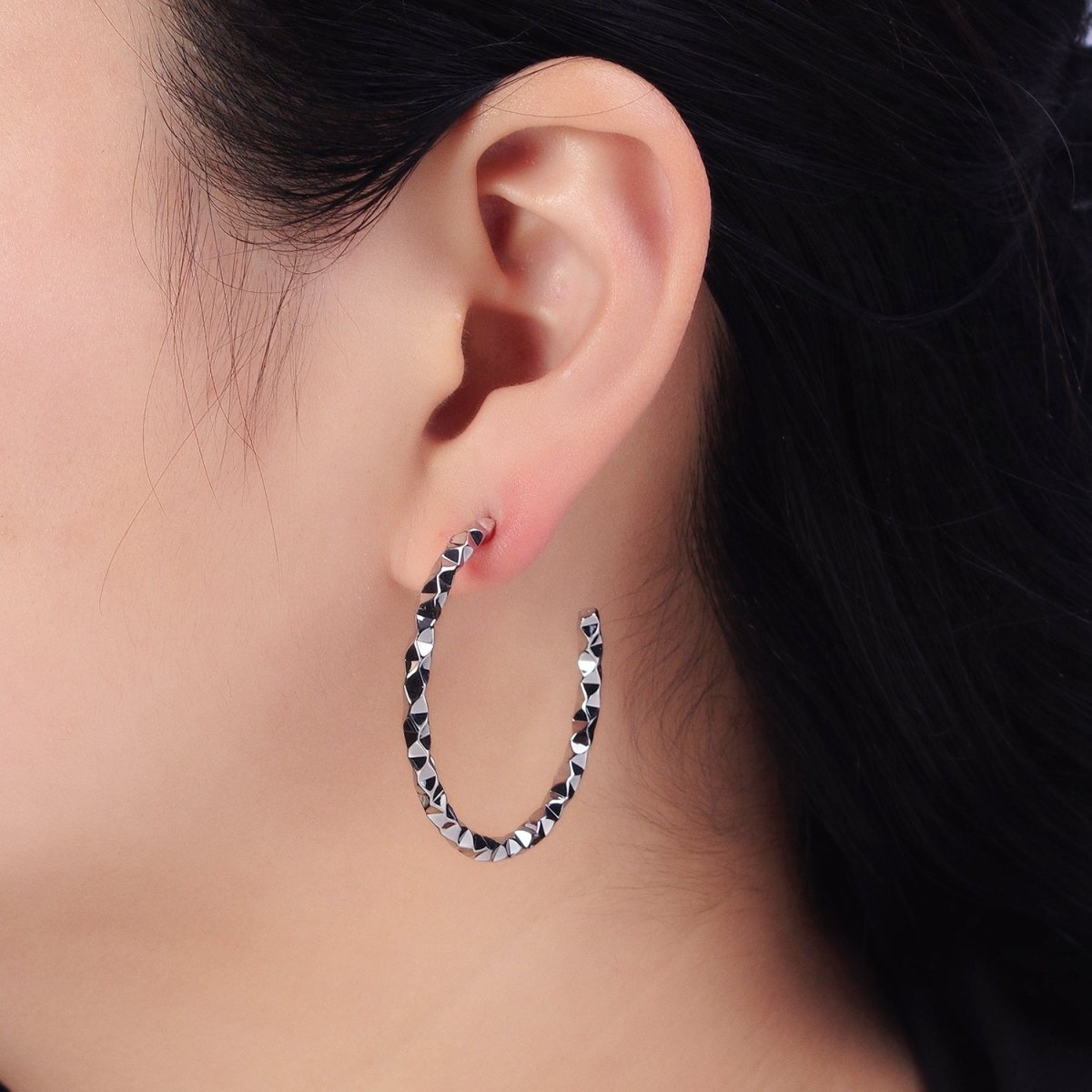 Silver 25mm, 40mm Hammered Geometric C-Shaped Hoop Earrings | AB402 AB401 - DLUXCA