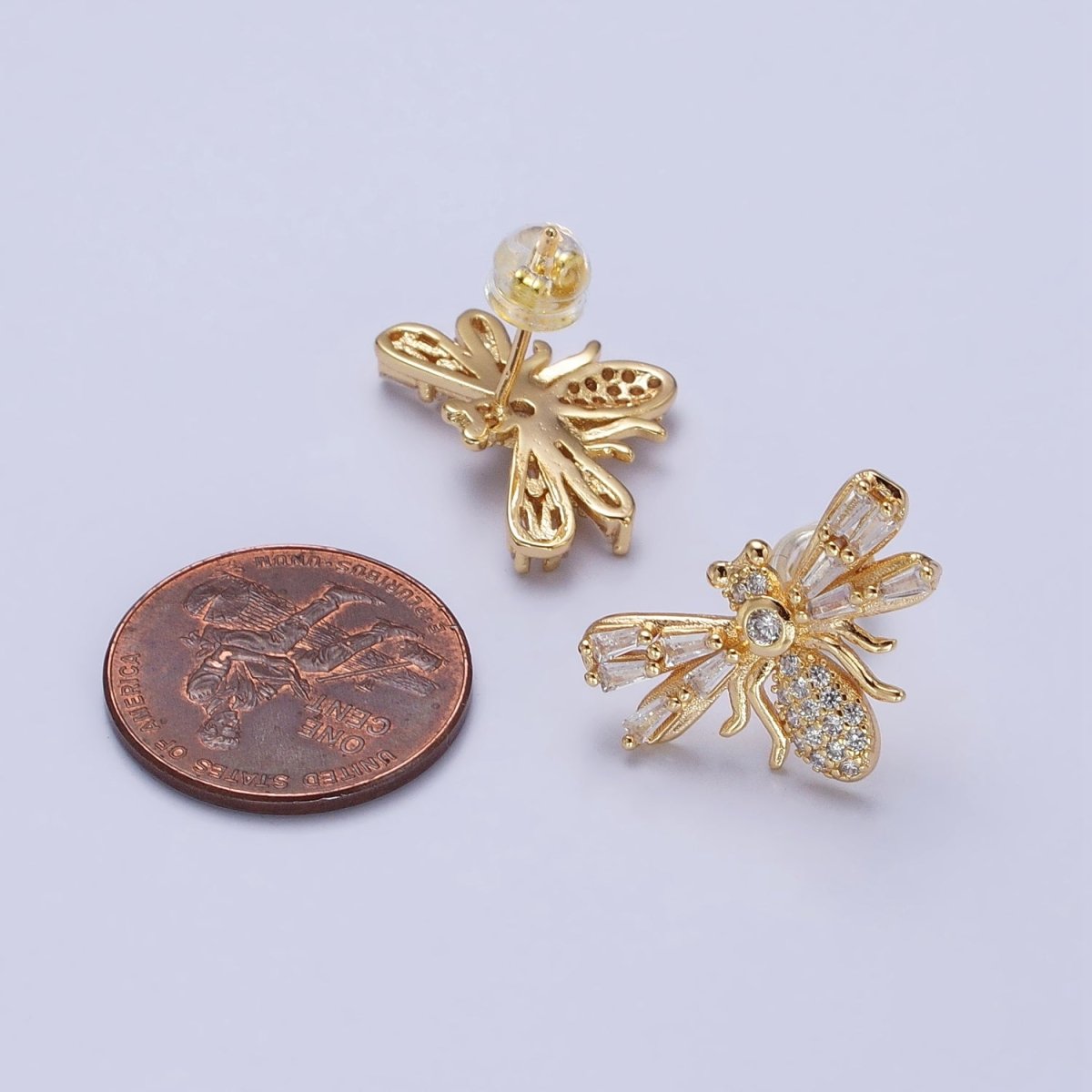 Silver Bee Gold Insect Bee Clear Baguette Micro Paved CZ Stud Earrings | AB376 AB504 - DLUXCA