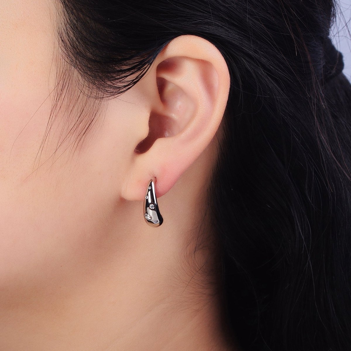 Silver Chubby Drip Drop CZ Dotted J-Shaped Geometric Hoop Earrings | AB431 - DLUXCA