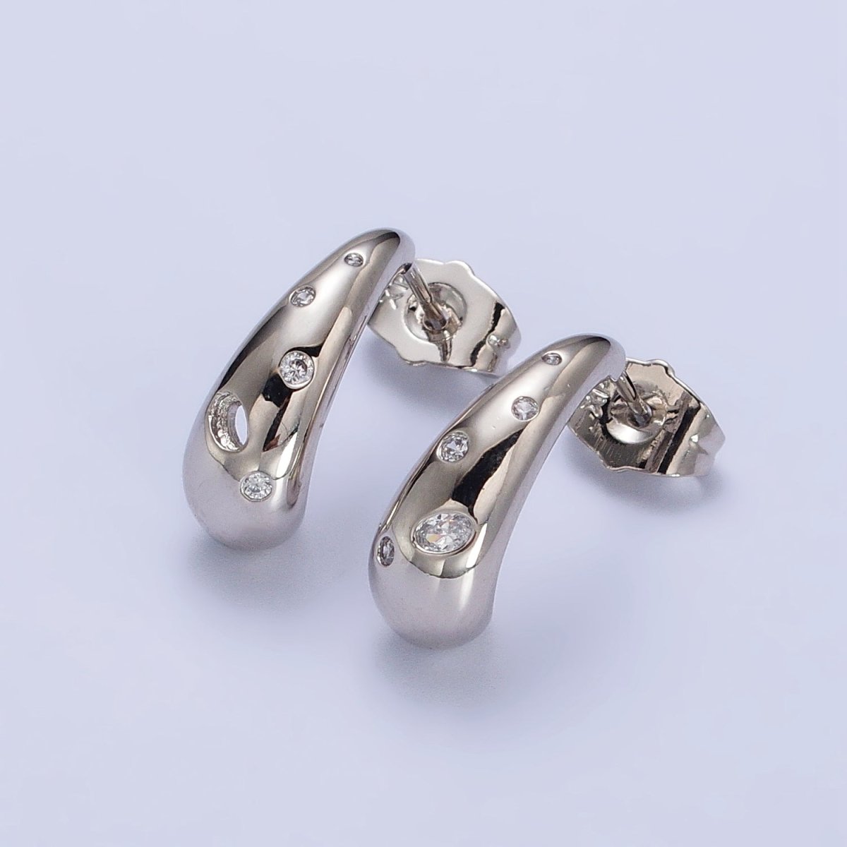 Silver Chubby Drip Drop CZ Dotted J-Shaped Geometric Hoop Earrings | AB431 - DLUXCA