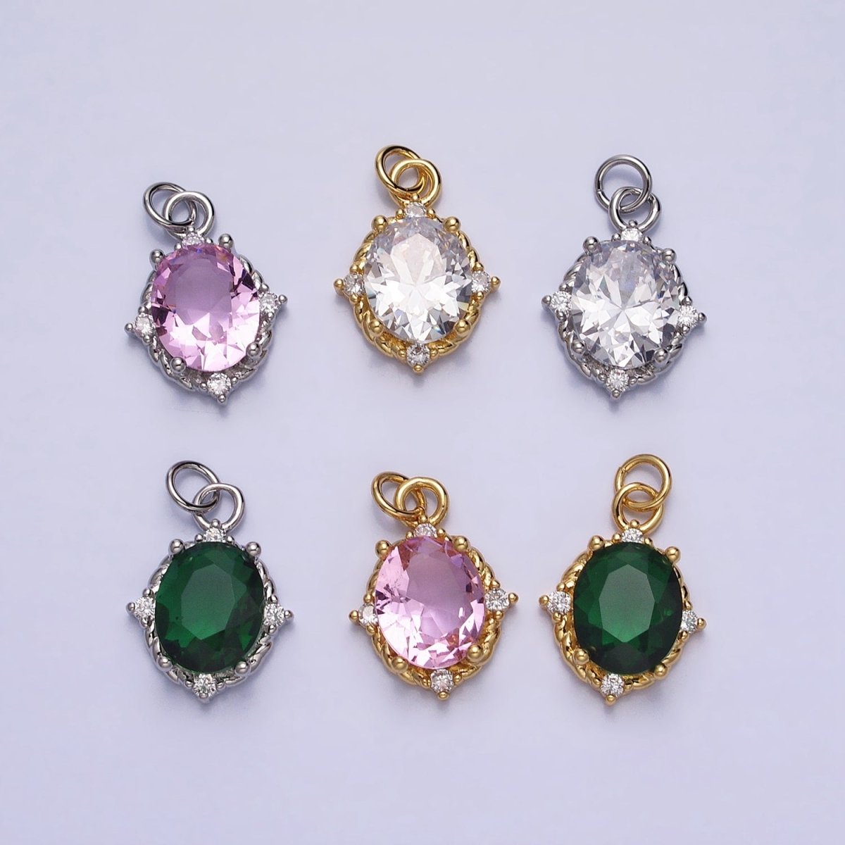 Silver Colorful Oval Brilliant Cut Cubic Zirconia Stones Clear, Pink Green Gold CZ Charm AC539 AC540 AC541 AC542 AC543 AC544 - DLUXCA