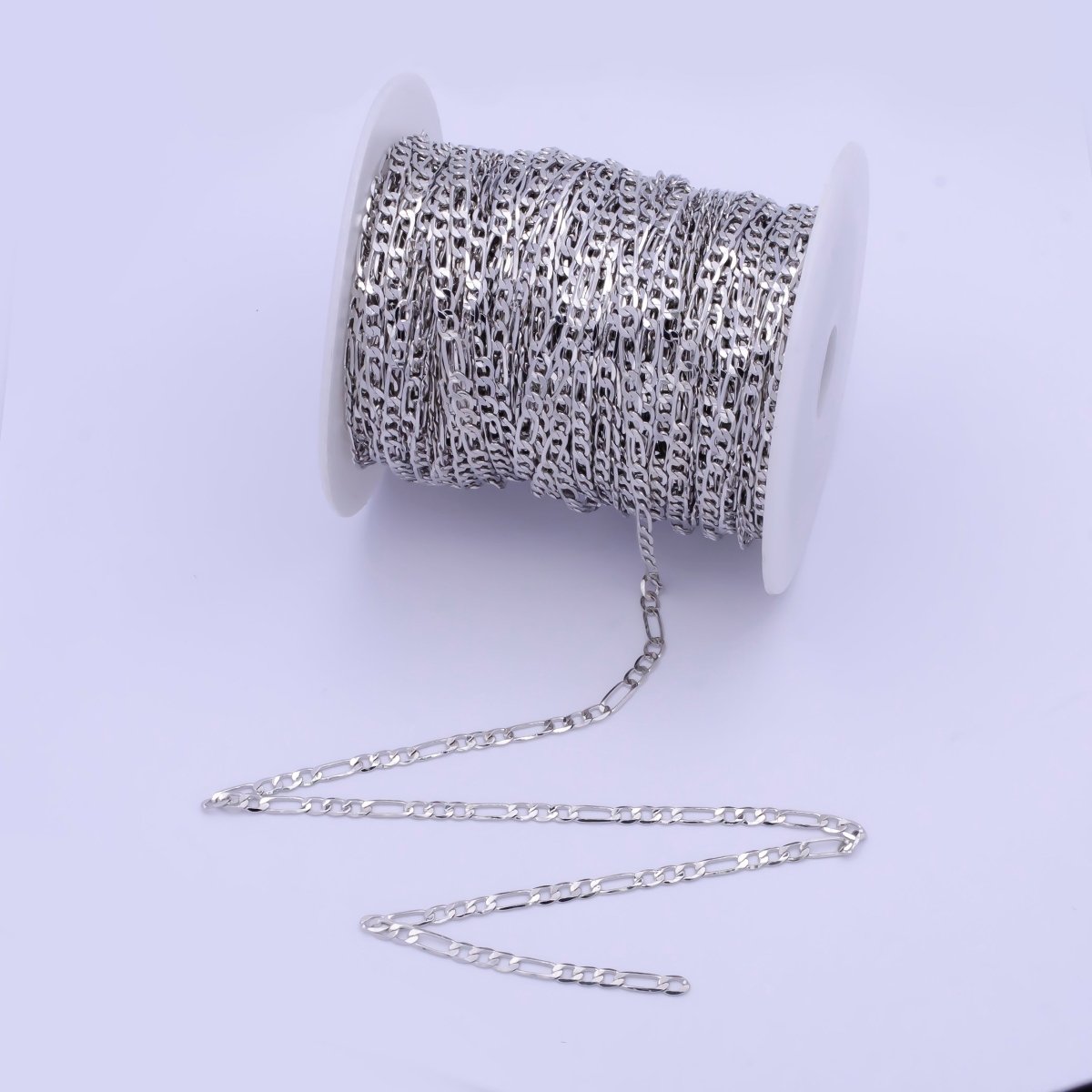 Silver Flat Figaro long and short Chain by Yard, Unfinished Rhodium Plated Chain For Jewelry Making | ROLL-737 Clearance Pricing - DLUXCA