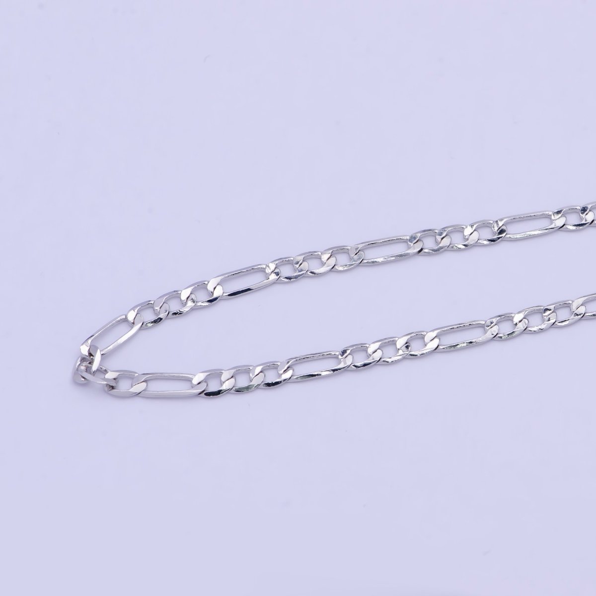 Silver Flat Figaro long and short Chain by Yard, Unfinished Rhodium Plated Chain For Jewelry Making | ROLL-737 Clearance Pricing - DLUXCA