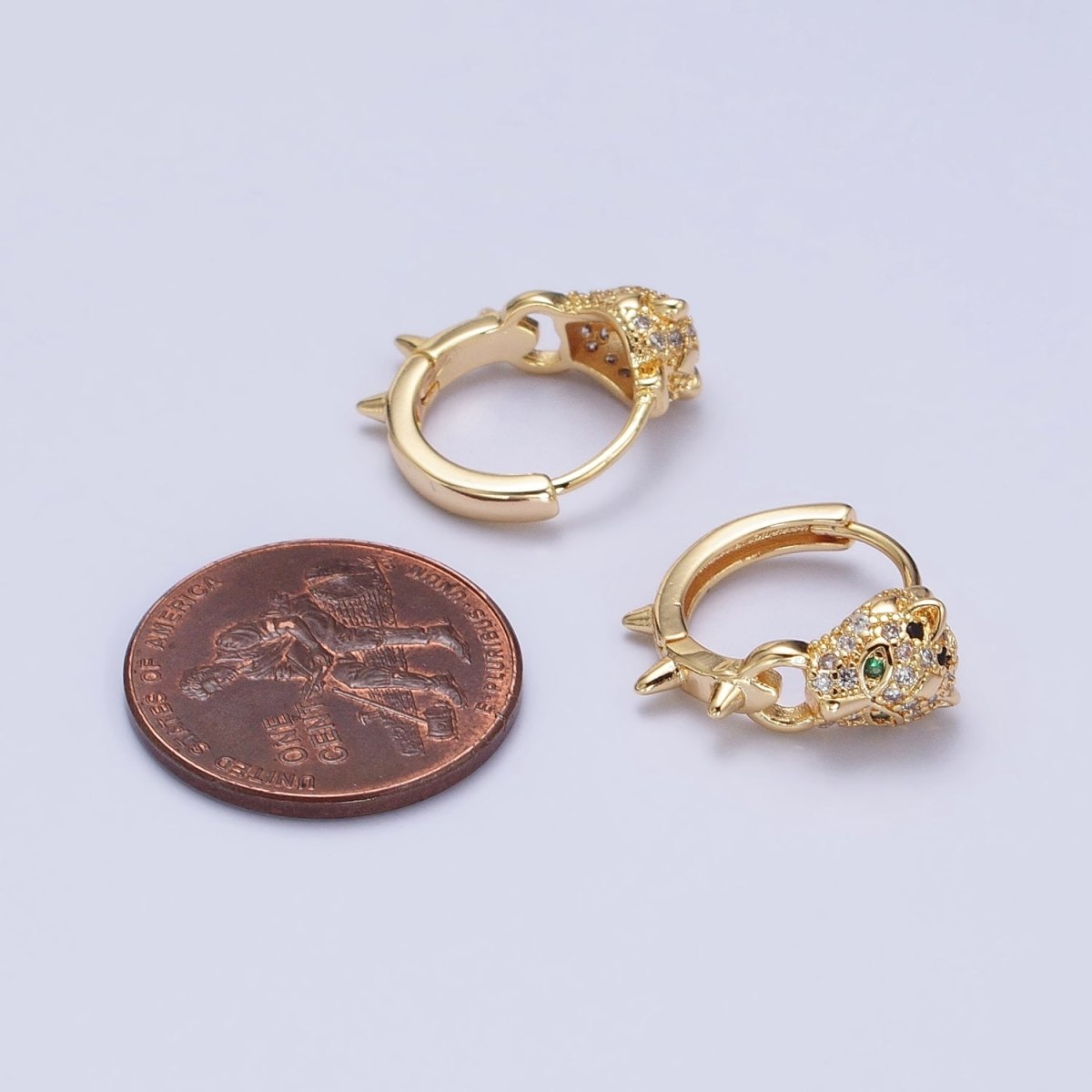 Silver, Gold 16mm Green-Eyed Panther Leopard Spiked Huggie Earrings | AB382 AB523 - DLUXCA