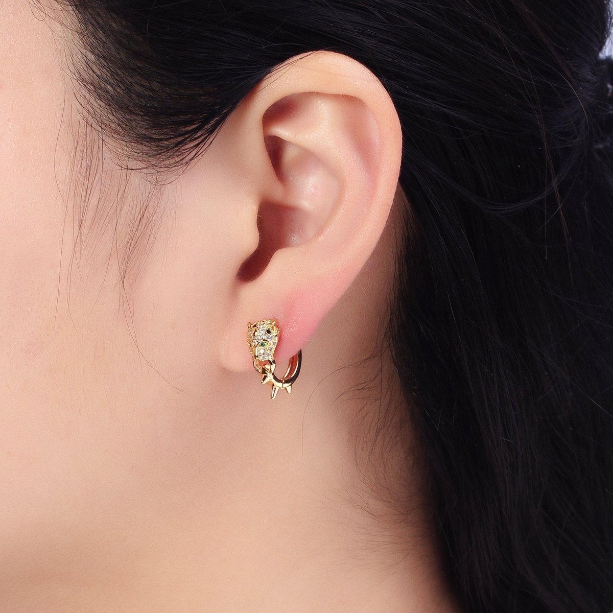 Silver, Gold 16mm Green-Eyed Panther Leopard Spiked Huggie Earrings | AB382 AB523 - DLUXCA