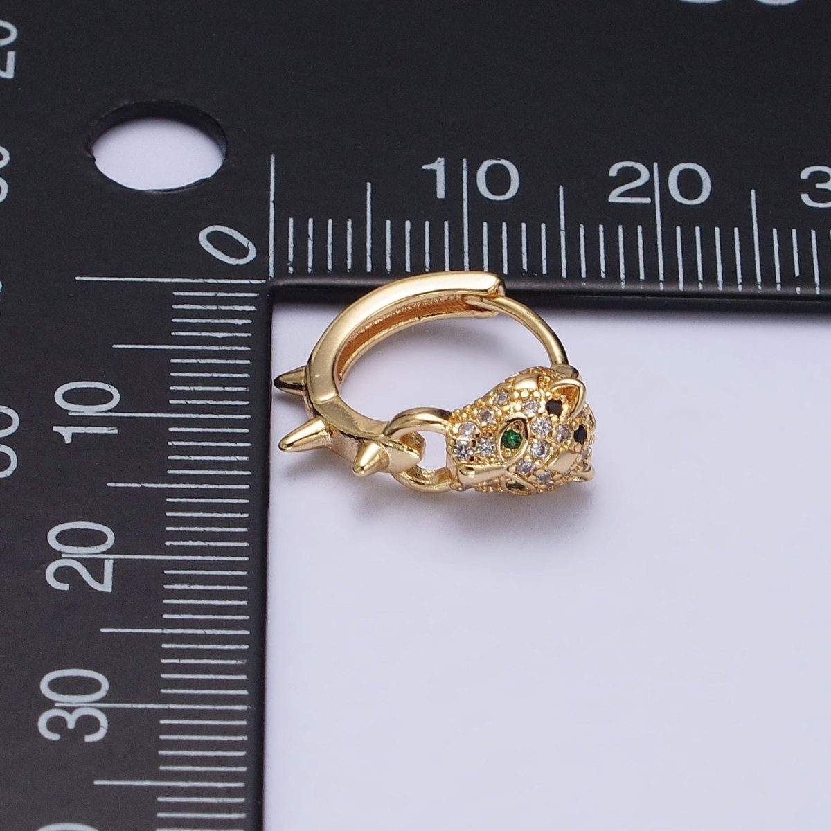 Silver, Gold 16mm Green-Eyed Panther Leopard Spiked Huggie Earrings | AB382 AB523 - DLUXCA